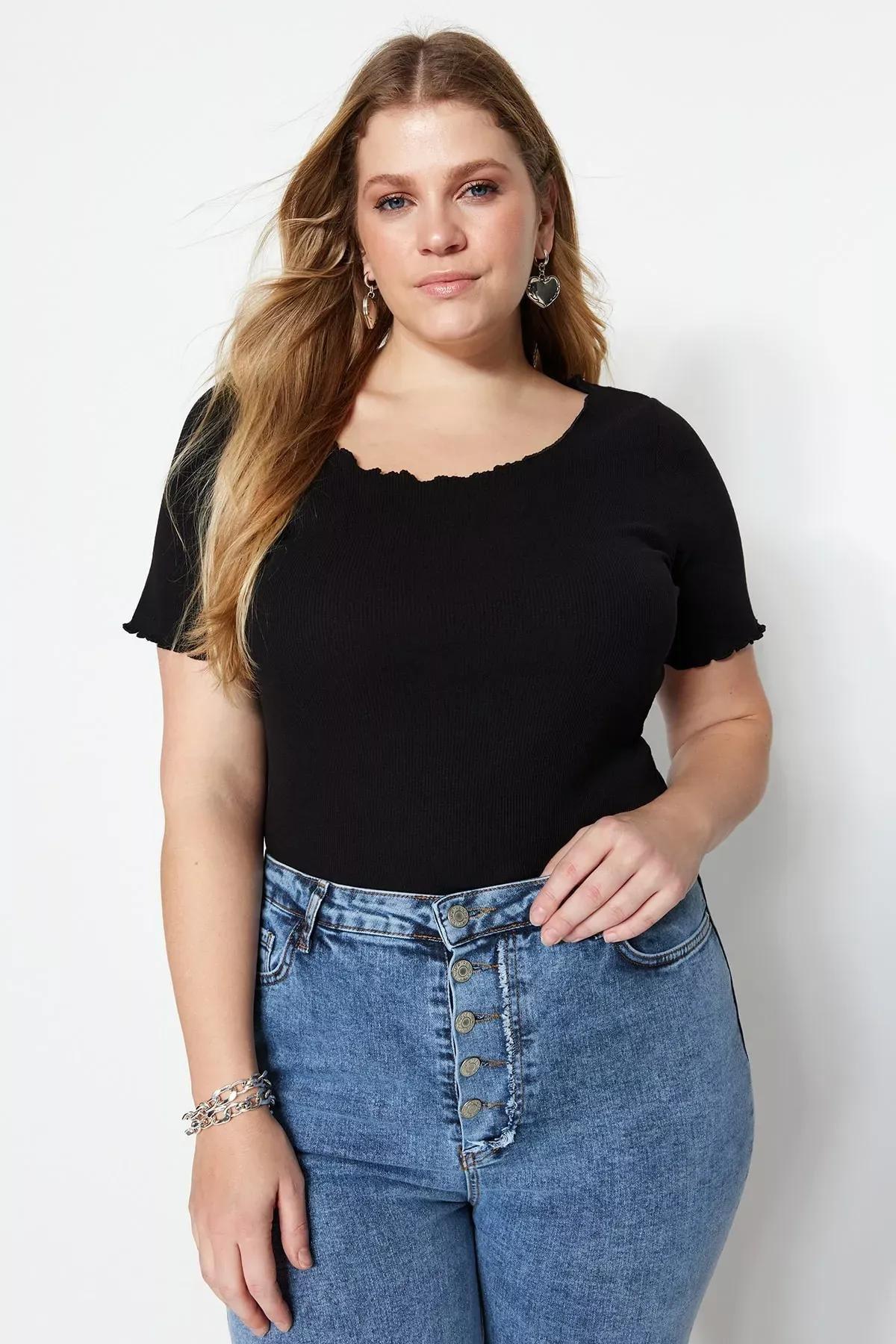 بلوزة بقصة ضيقة للمقاسات الكبيرة، أسود, Black, medium