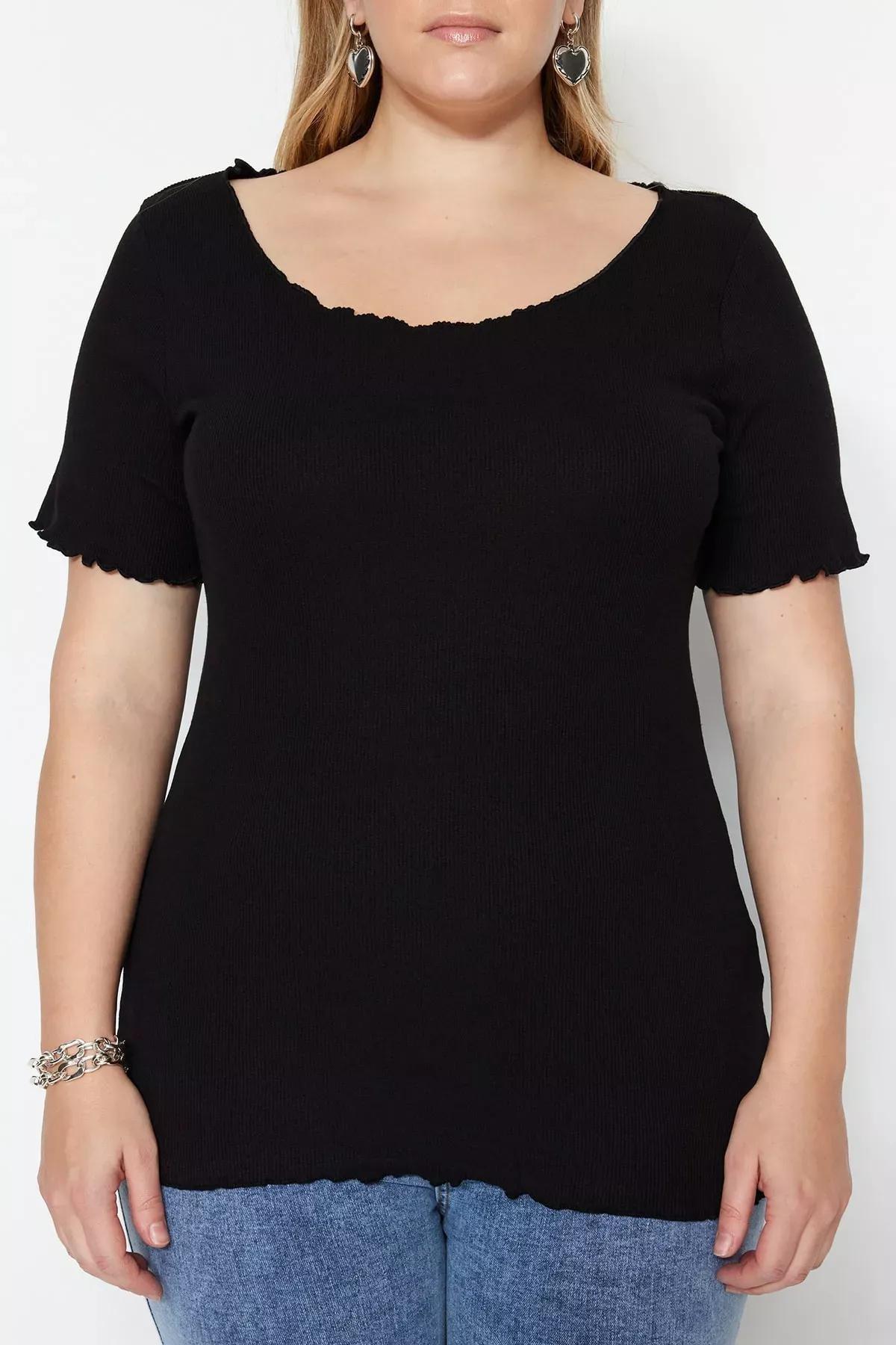 بلوزة بقصة ضيقة للمقاسات الكبيرة، أسود, Black, medium