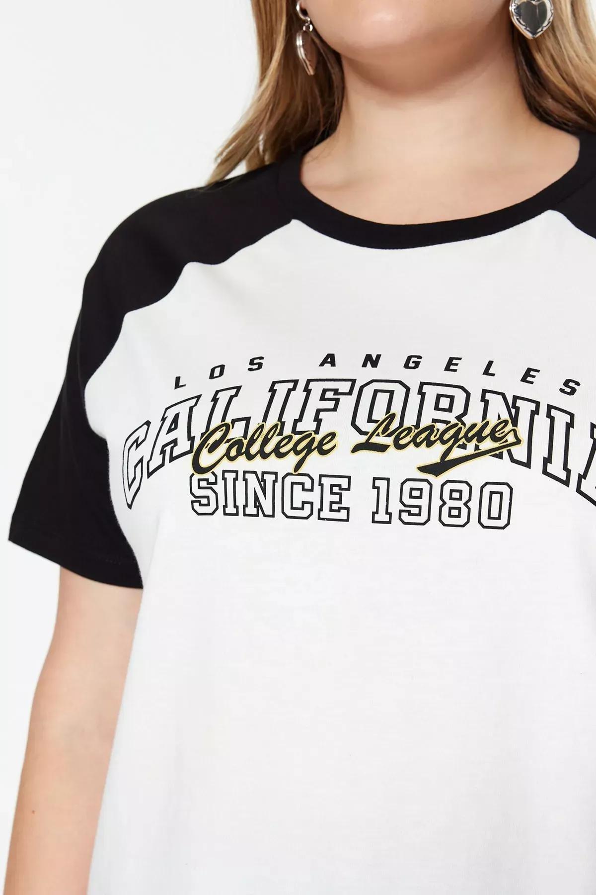 تيشيرت مزين بطبعة للمقاسات الكبيرة، أبيض, Ecru, medium