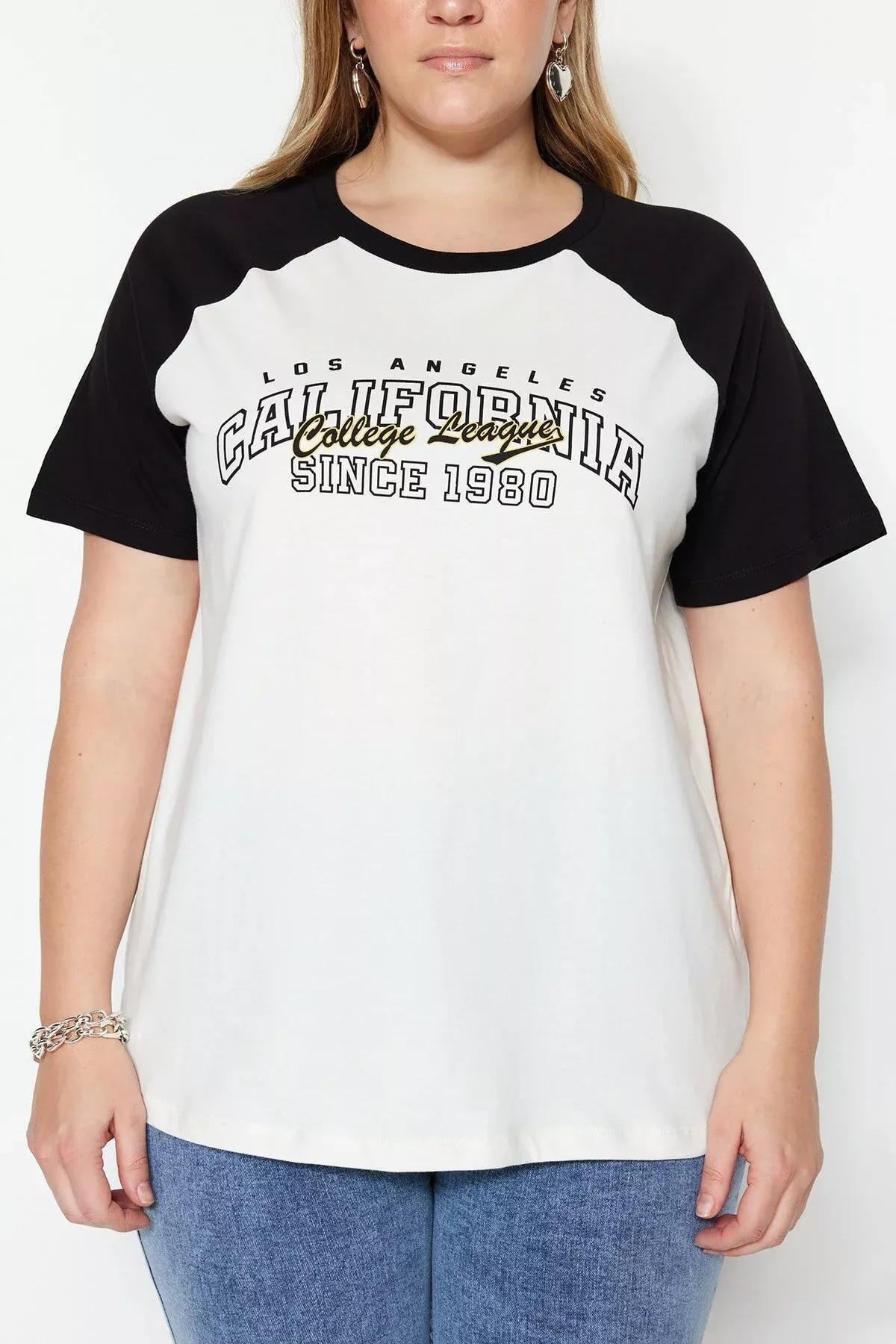 تيشيرت مزين بطبعة للمقاسات الكبيرة، أبيض, Ecru, large image number 4