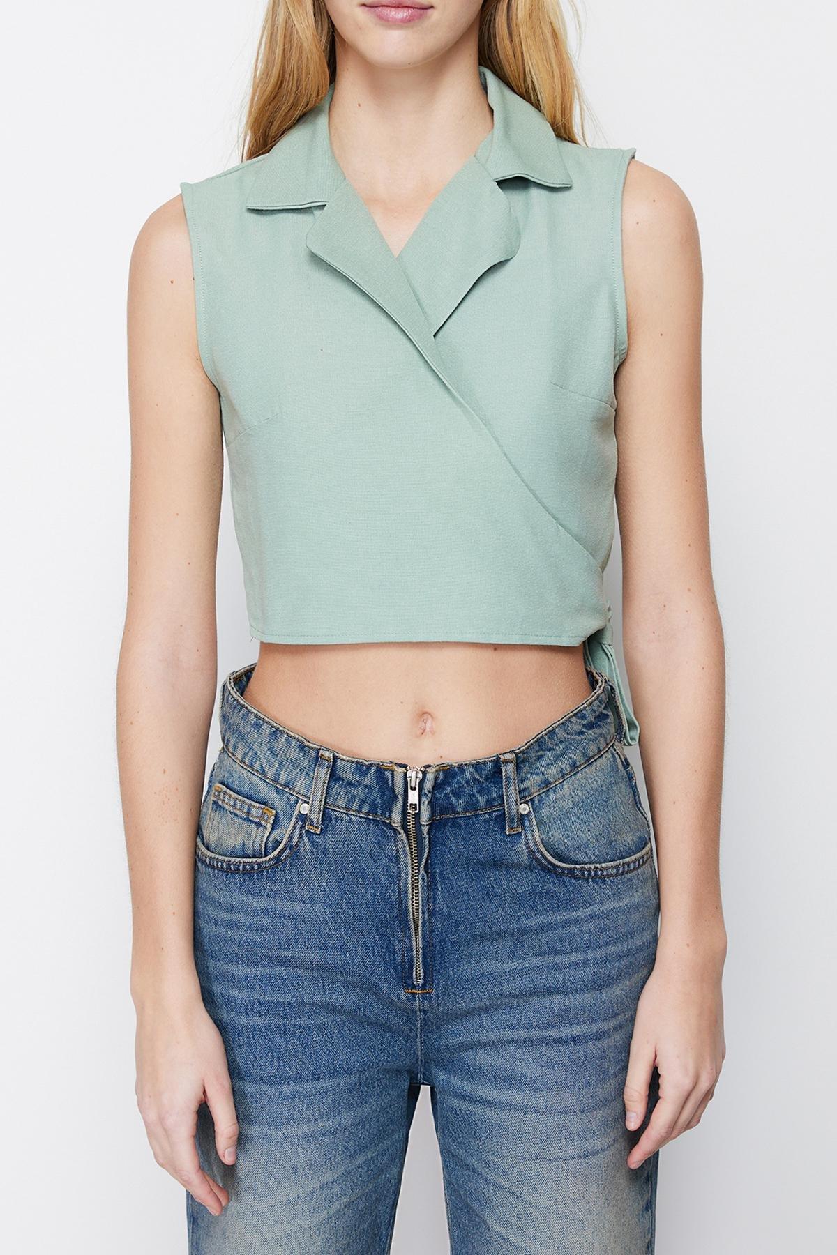 Green Tied Woven Linen Blouse, , large image number 3