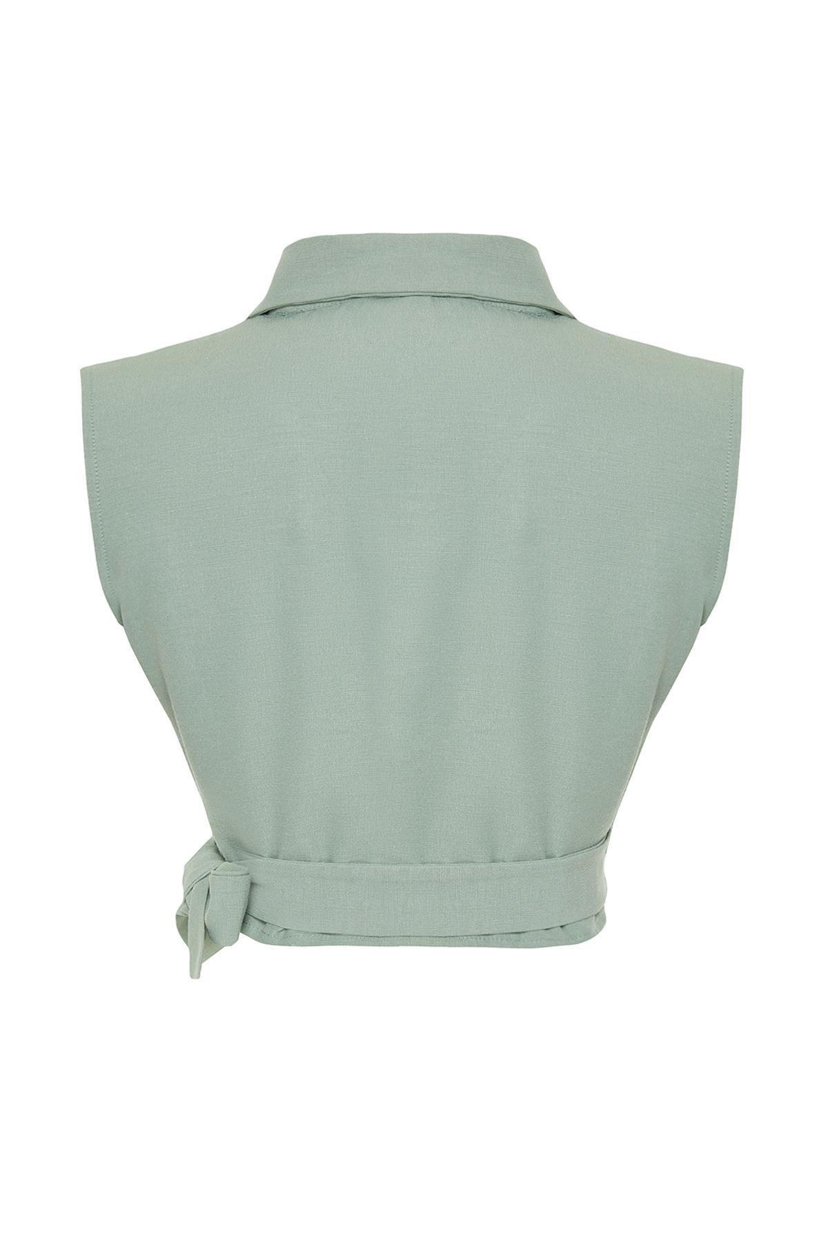 Green Tied Woven Linen Blouse, , large image number 5