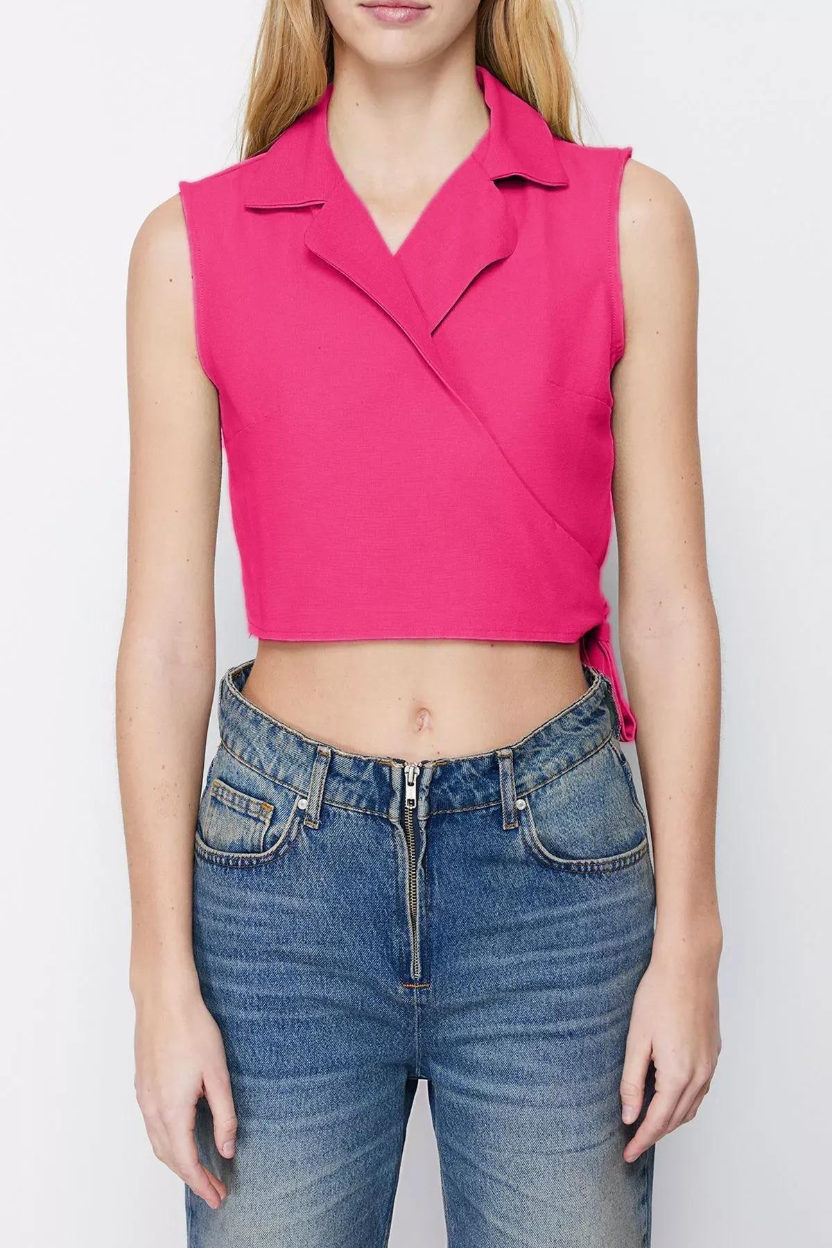 Pink Tied Linen Crop Blouse, Pink, large image number 3