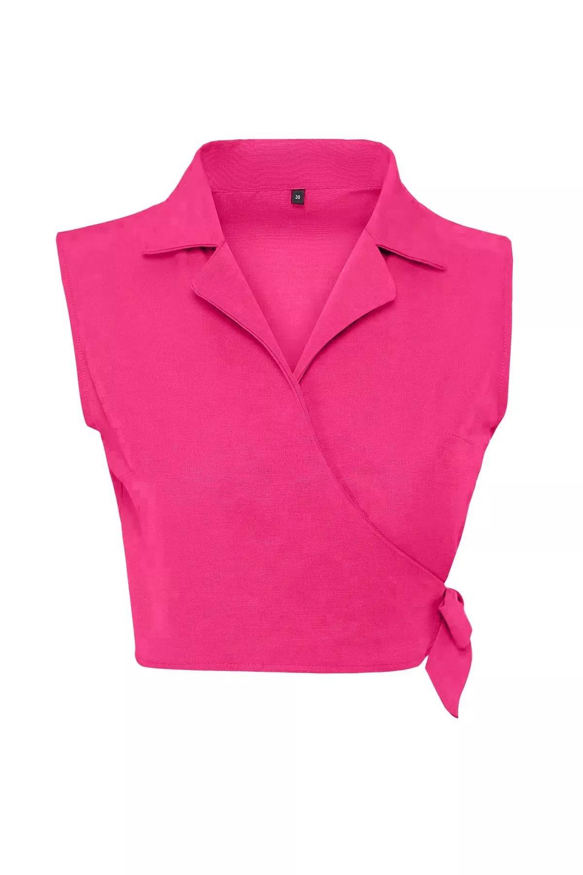 بلوزة كتان قصيرة بتصميم ربط، وردي, Pink, large image number 5