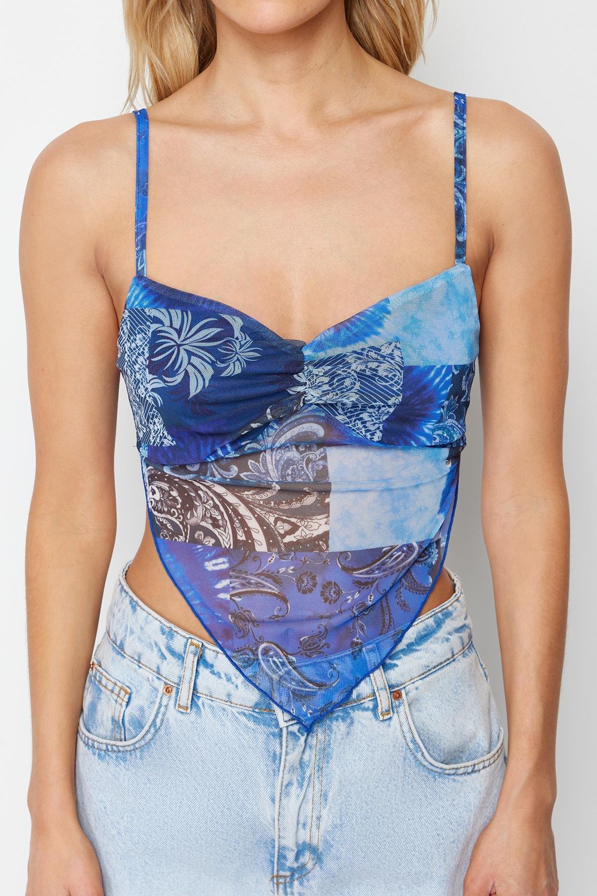 Blue Printed Tulle Knitted Blouse, , large image number 3