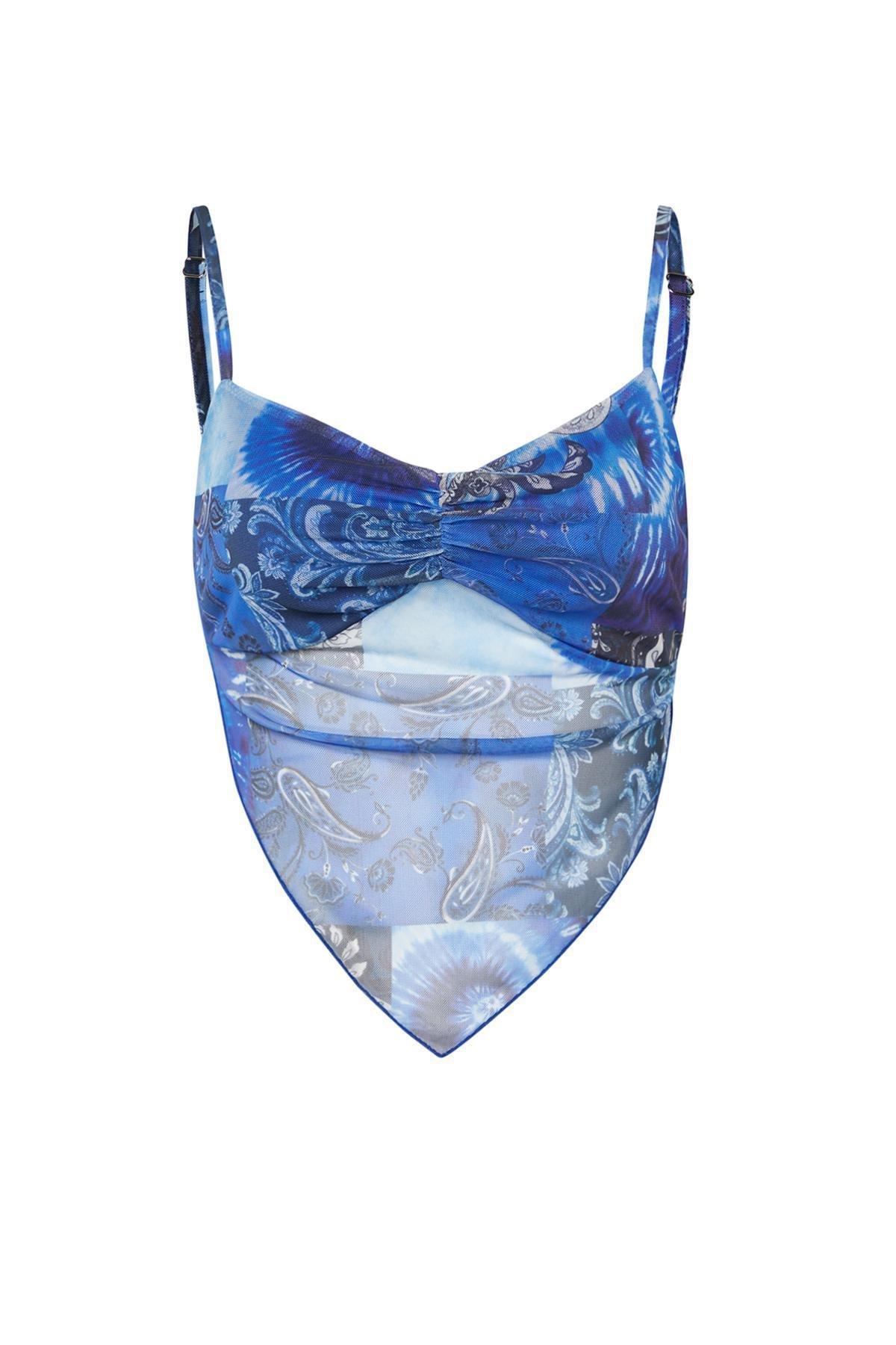 Blue Printed Tulle Knitted Blouse, , large image number 5