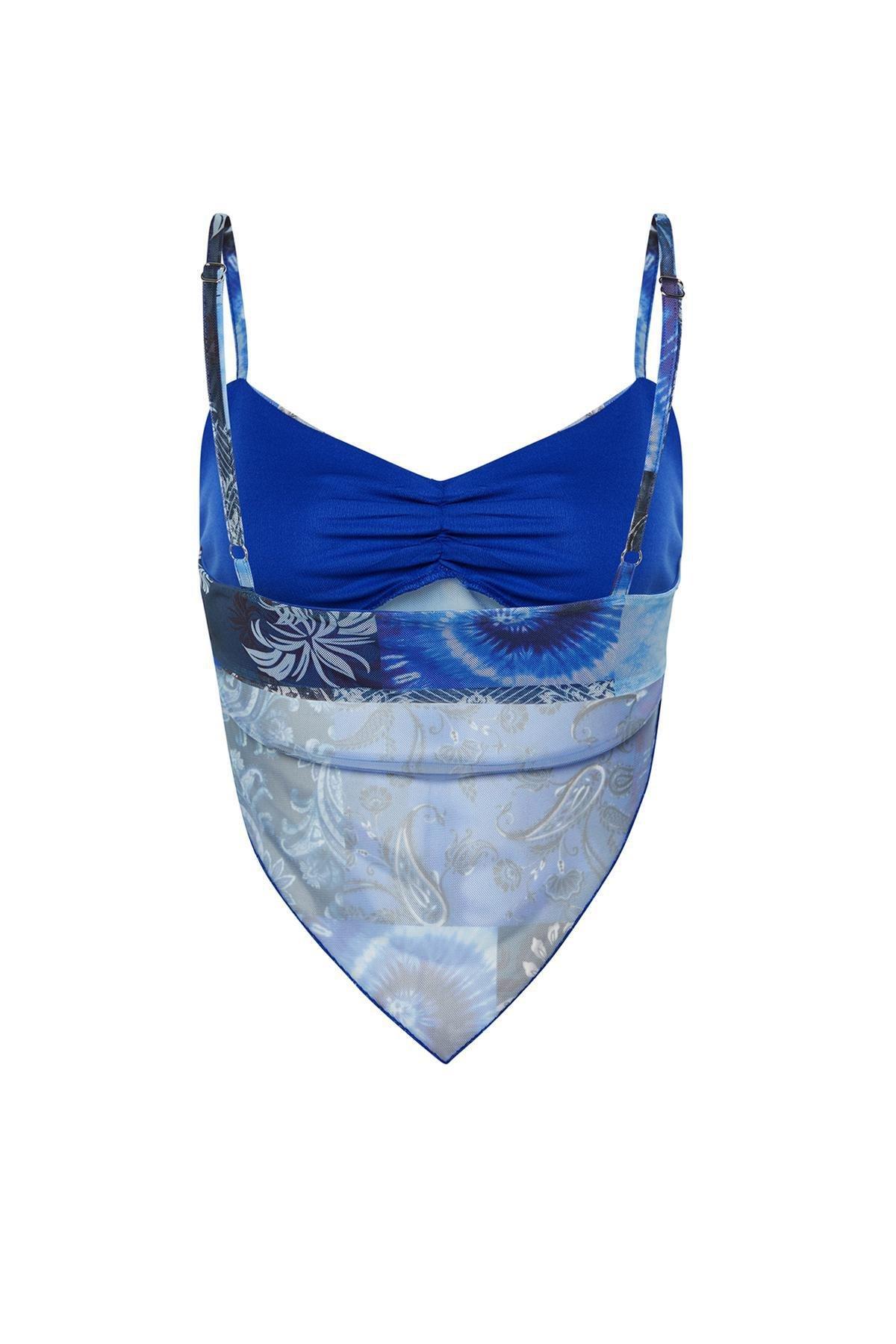 Blue Printed Tulle Knitted Blouse, , large image number 6