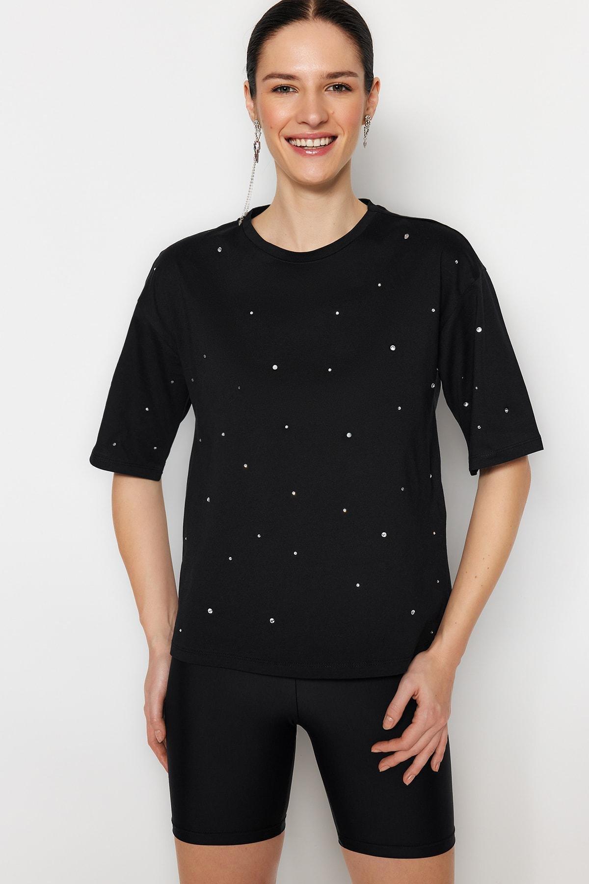Black Crew Neck Relaxed T-Shirt, , large image number 1