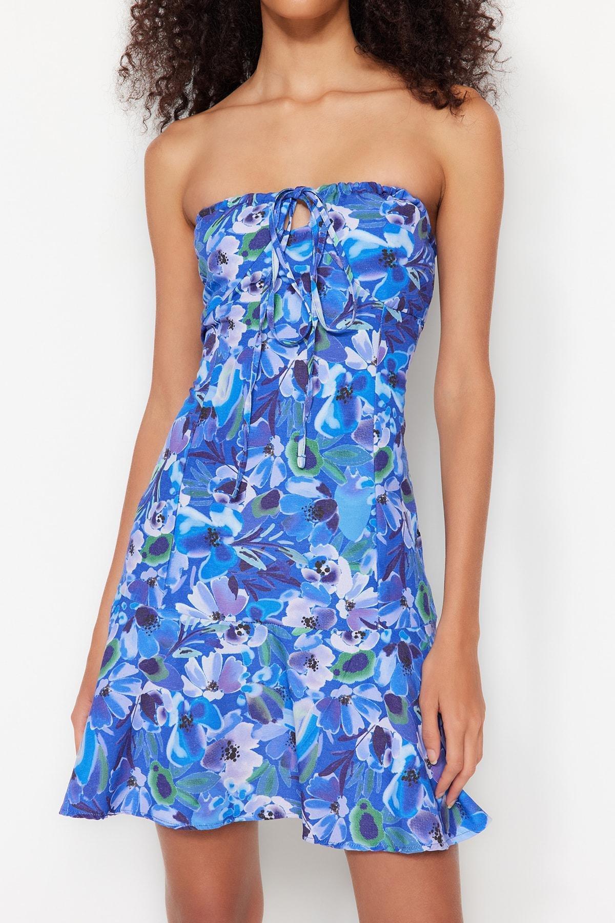 Blue Floral Strapless Skater Dress, , large image number 2