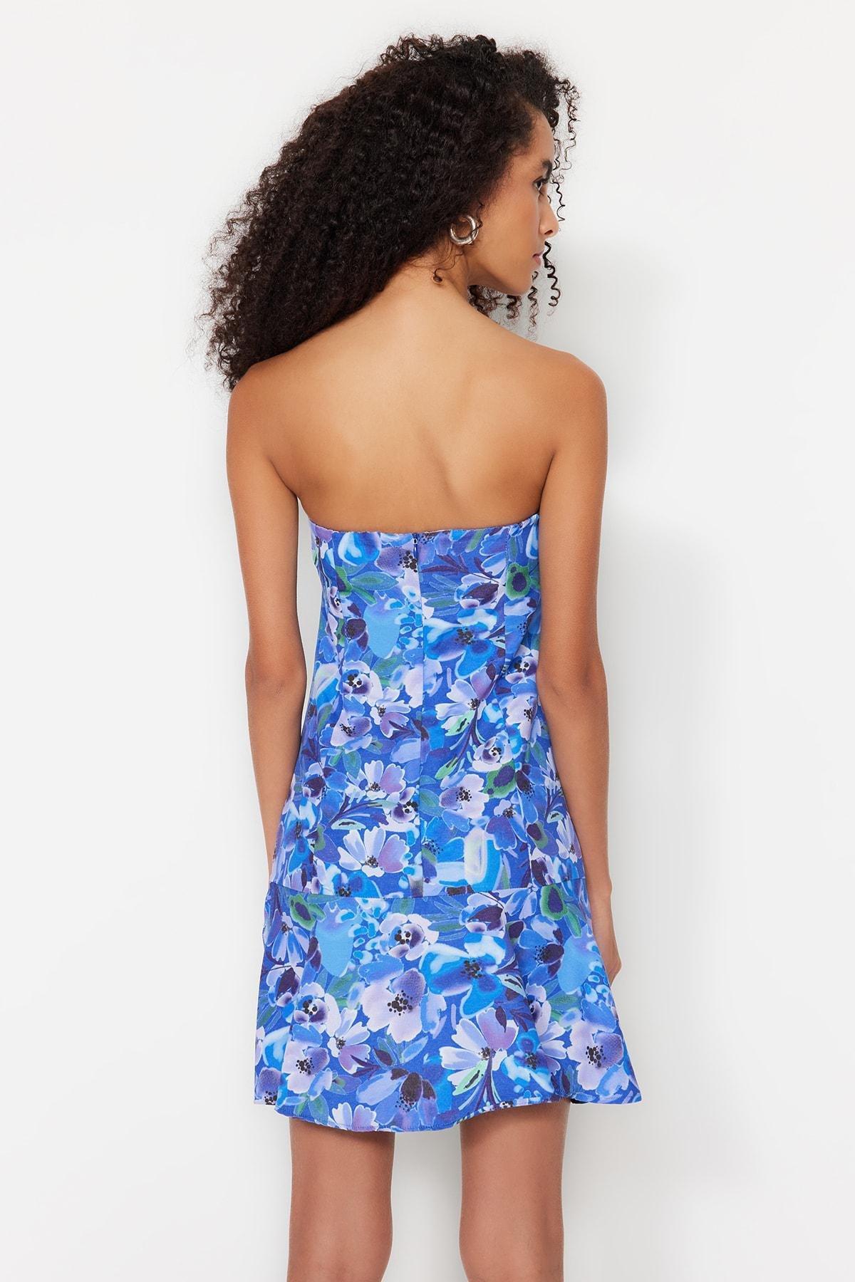 Blue Floral Strapless Skater Dress, , large image number 4
