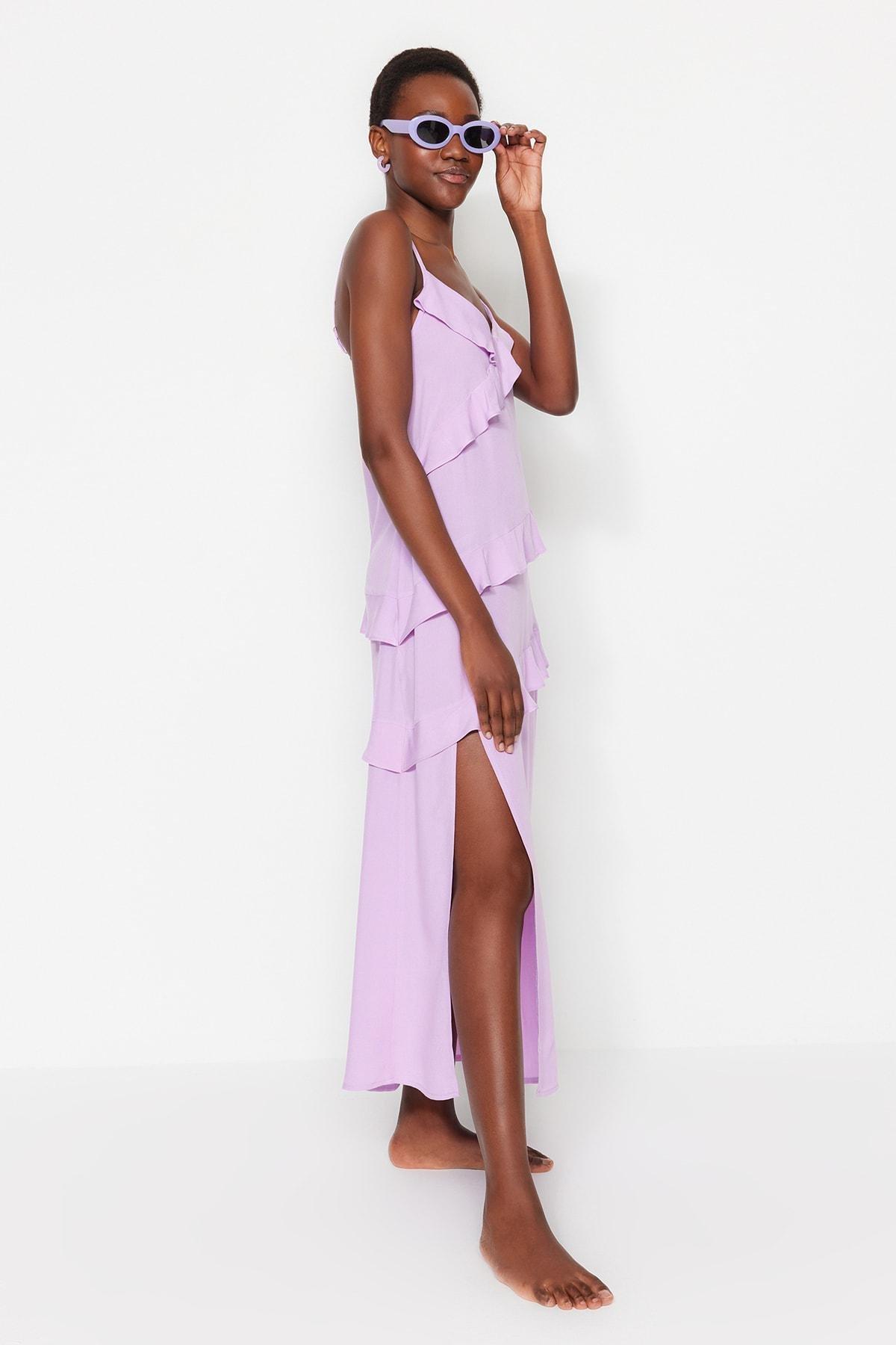 Purple Crew Neck Ruffle Hem Dress, , large image number 2