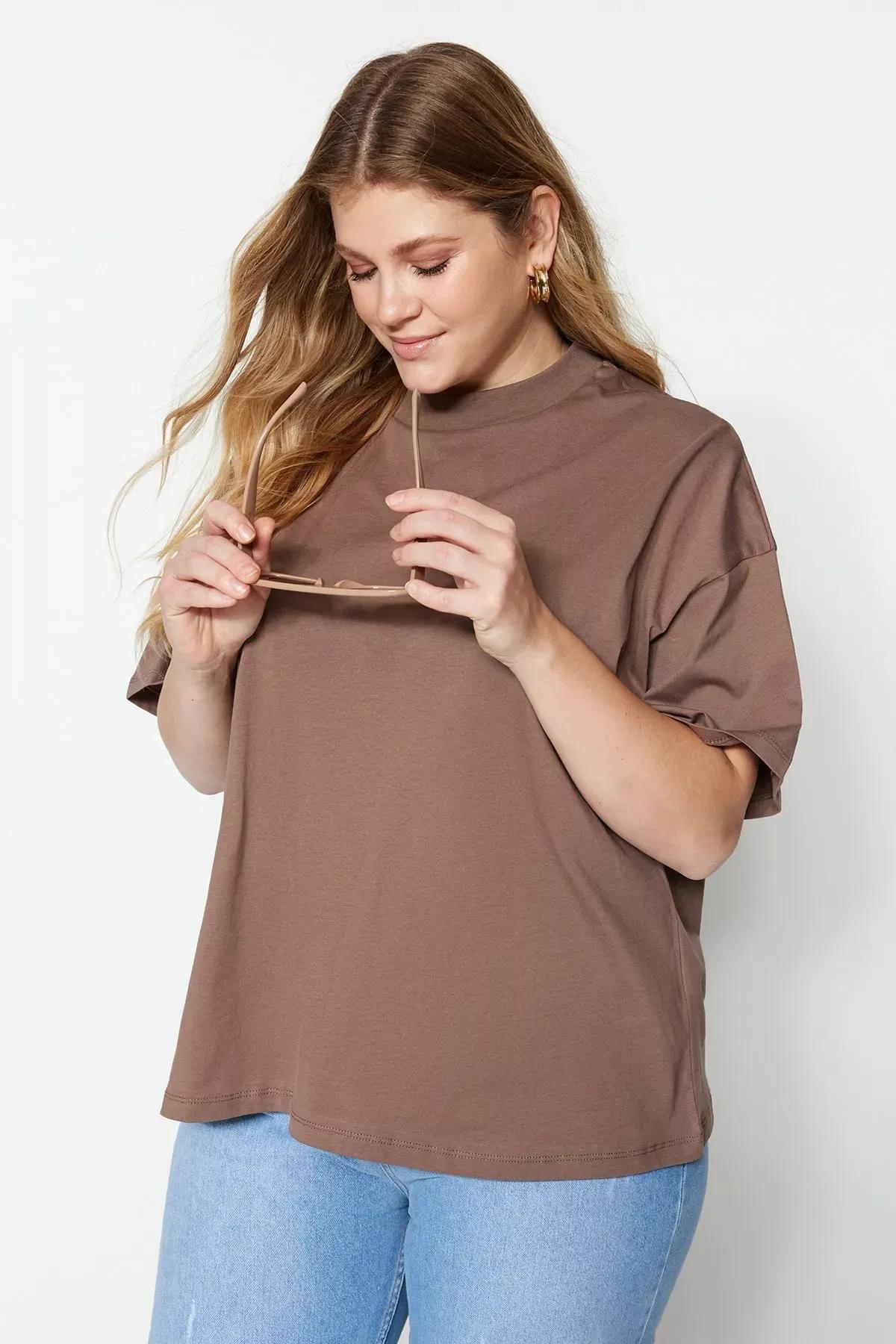 Brown Plus Size Oversize T-Shirt, Brown, large image number 0