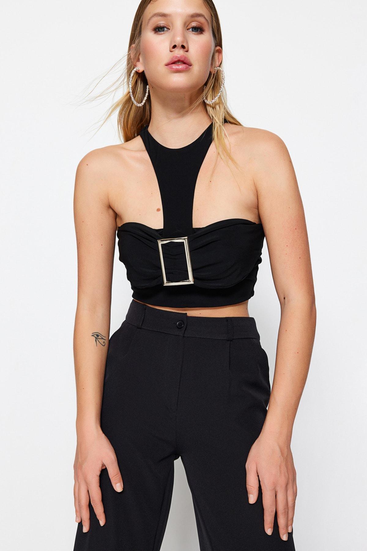 Black Fitted Crop Top, , large image number 1