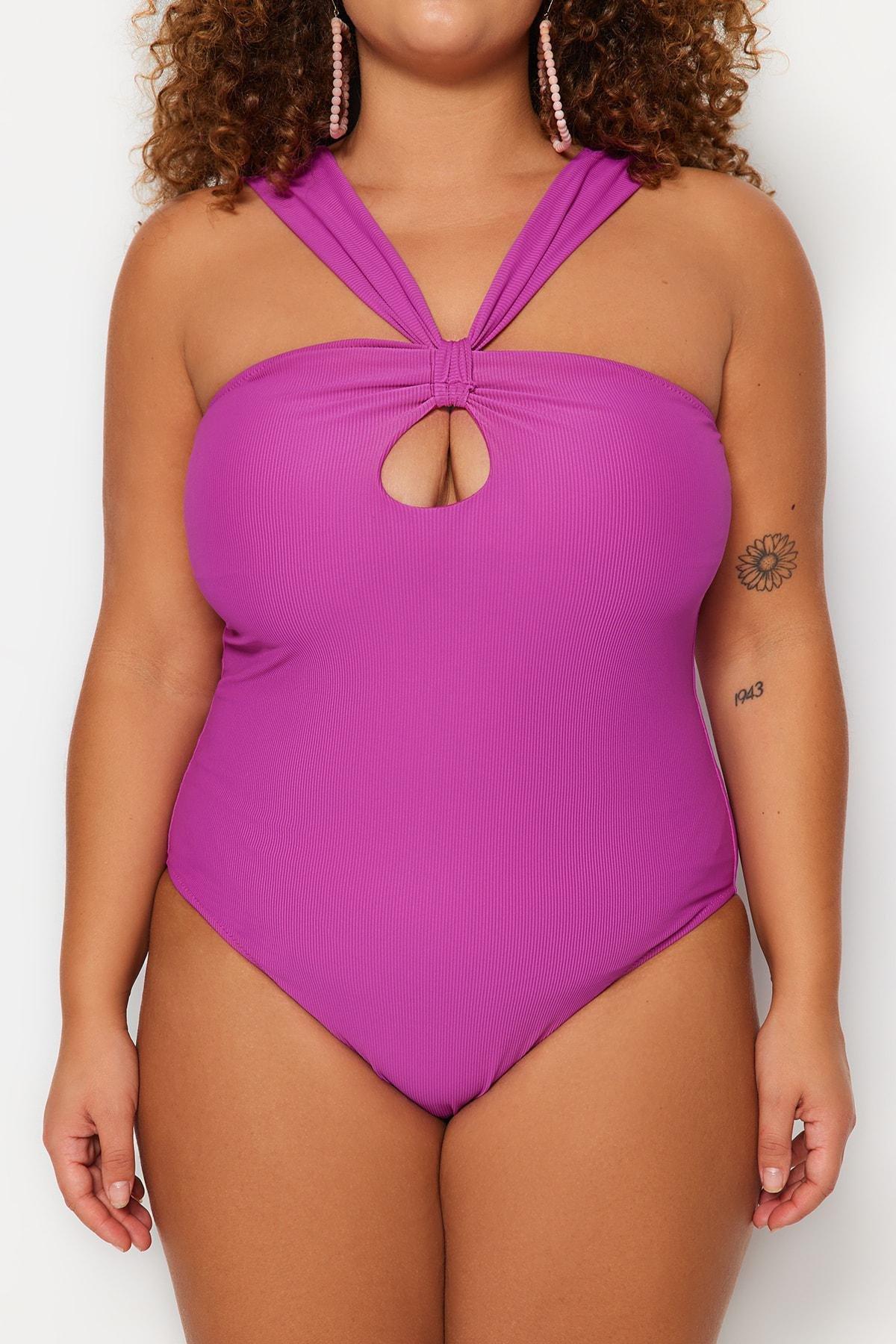 Purple Textured Plus Size Swimsuit, , large image number 0