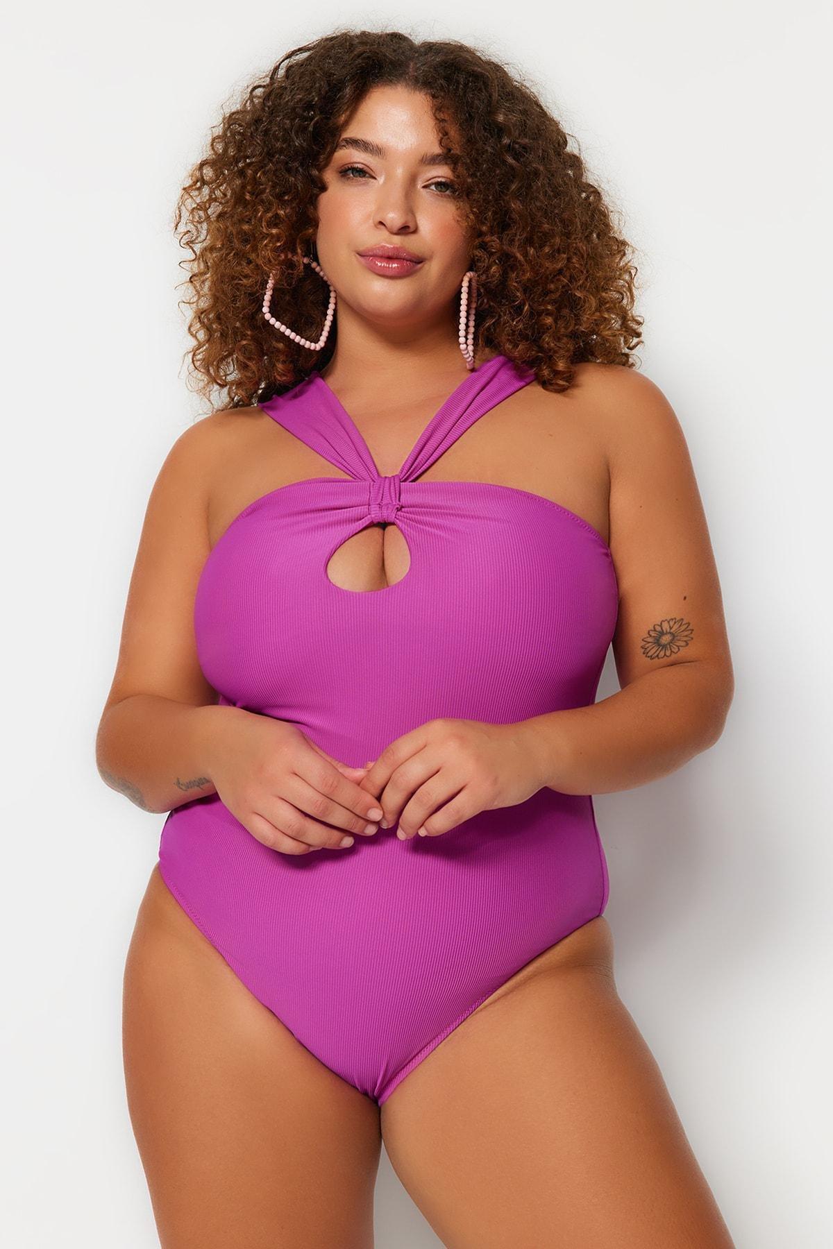 Purple Textured Plus Size Swimsuit, , large image number 1