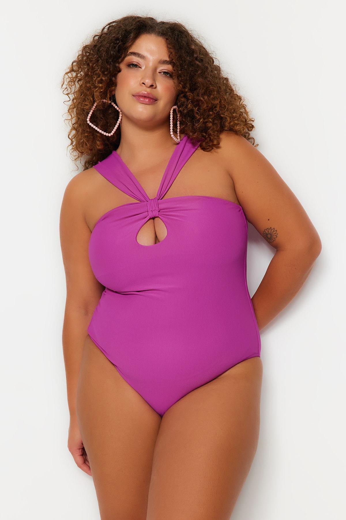 Purple Textured Plus Size Swimsuit, , large image number 2