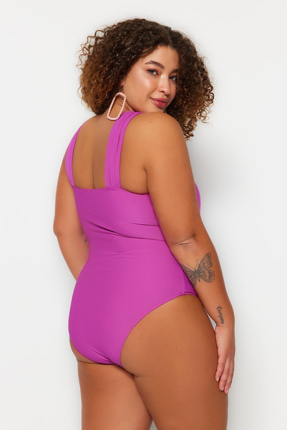 Purple Textured Plus Size Swimsuit, , large image number 3