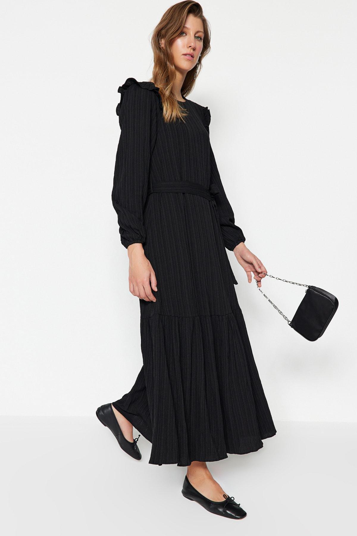 Black Crew Neck A-Line Dress, , large image number 0
