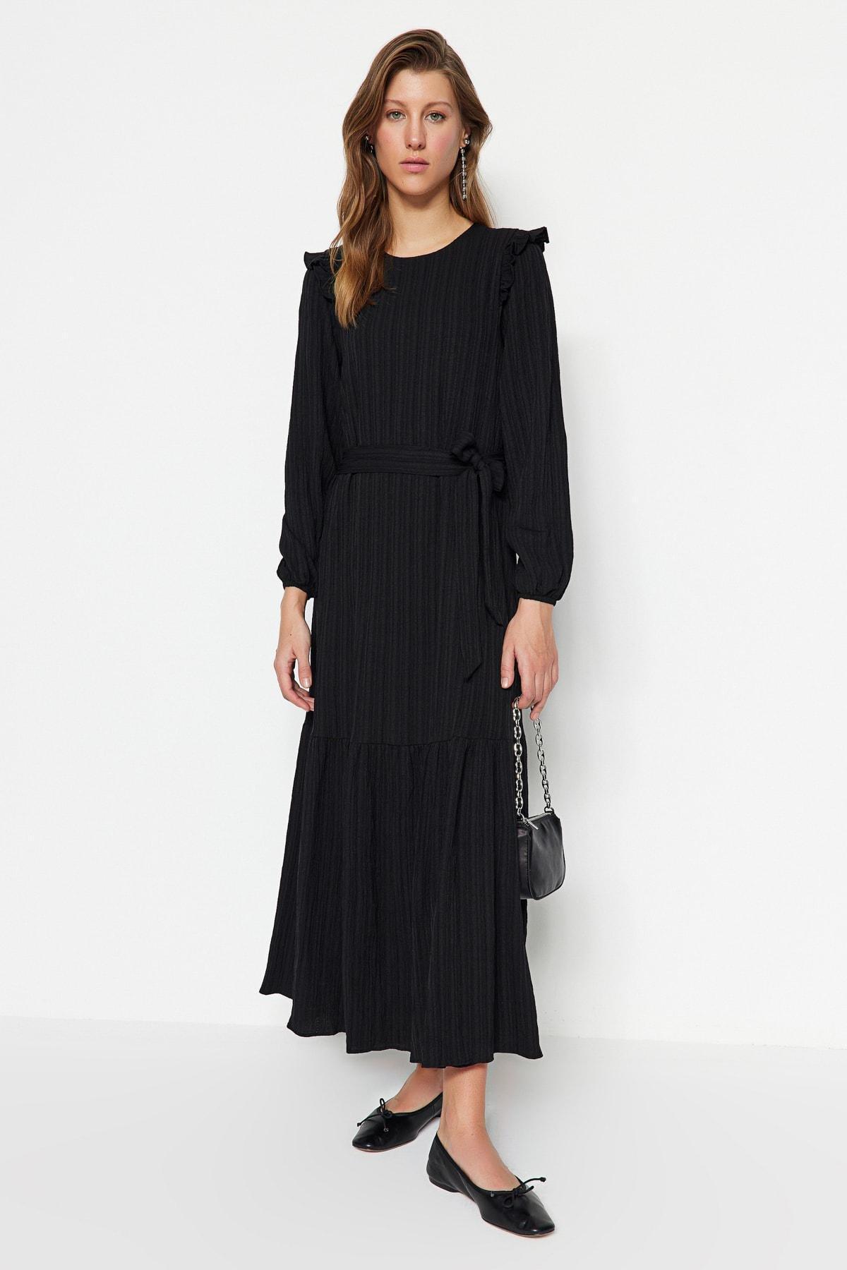 Black Crew Neck A-Line Dress, , large image number 1