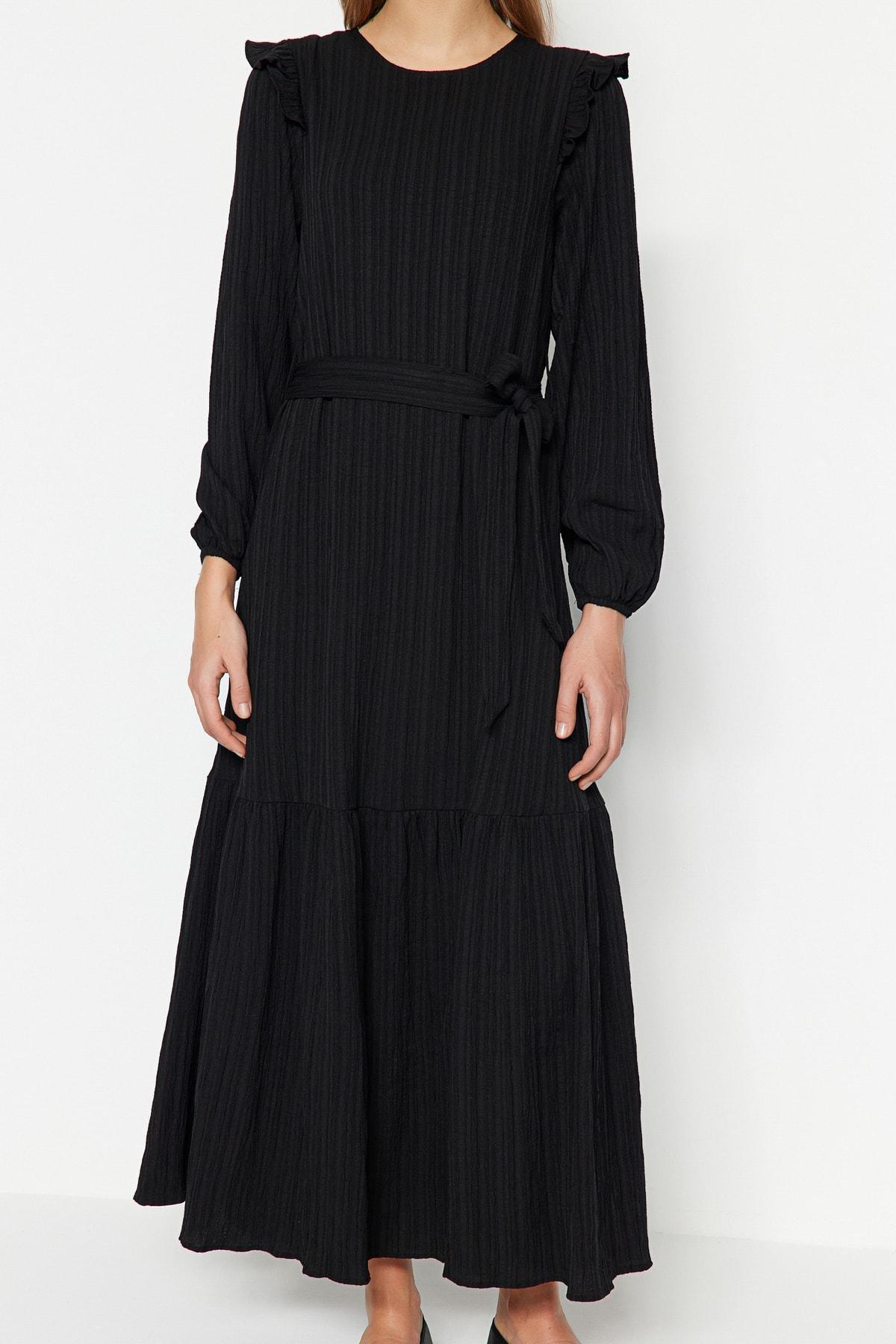 Black Crew Neck A-Line Dress, Black, large image number 2