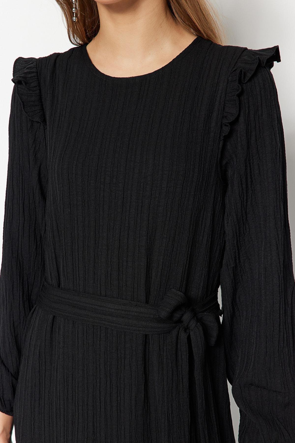 Black Crew Neck A-Line Dress, , large image number 3