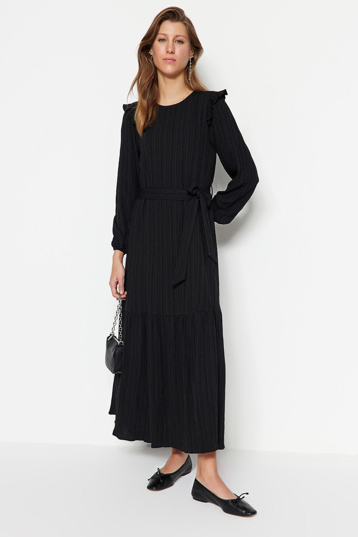 Black Crew Neck A-Line Dress, , large image number 4