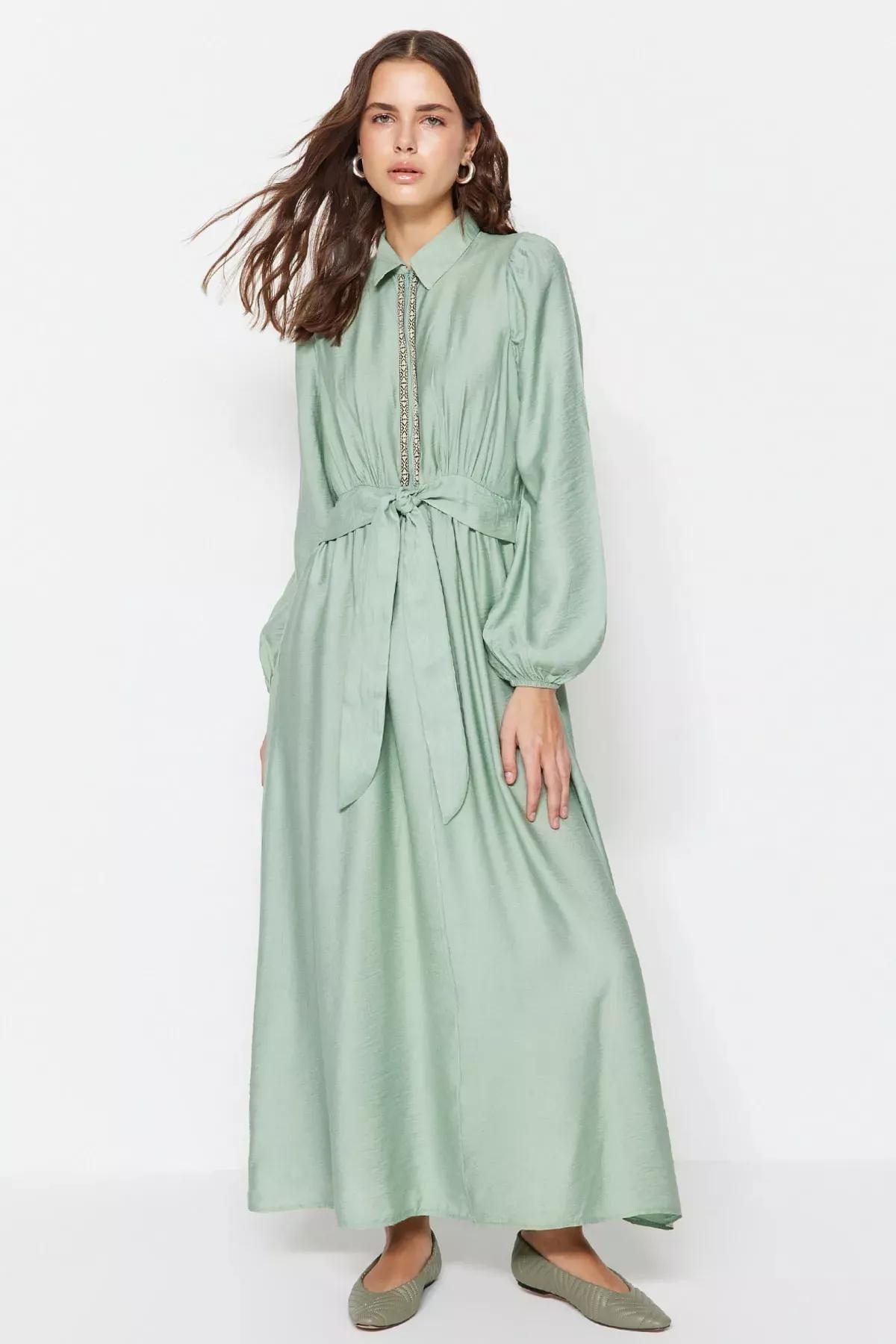 Khaki Crew Neck A-Line Dress, Khaki, large image number 0