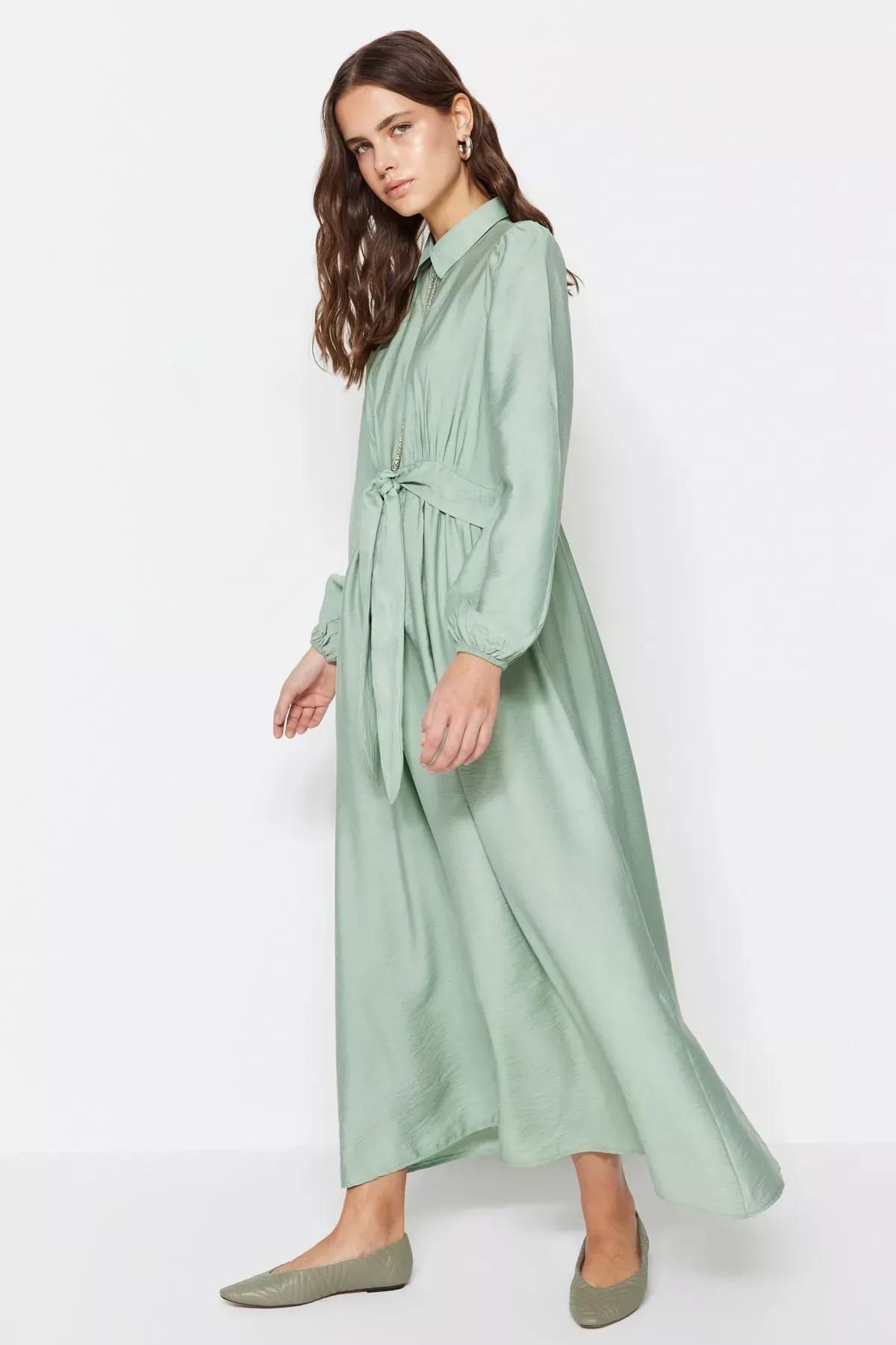 Khaki Crew Neck A-Line Dress, Khaki, large image number 1