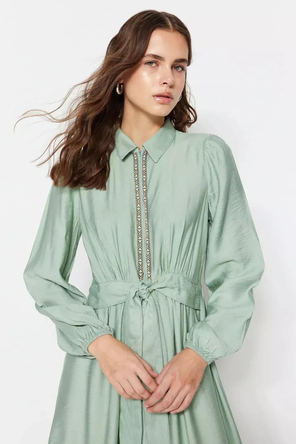 Khaki Crew Neck A-Line Dress, Khaki, large image number 2