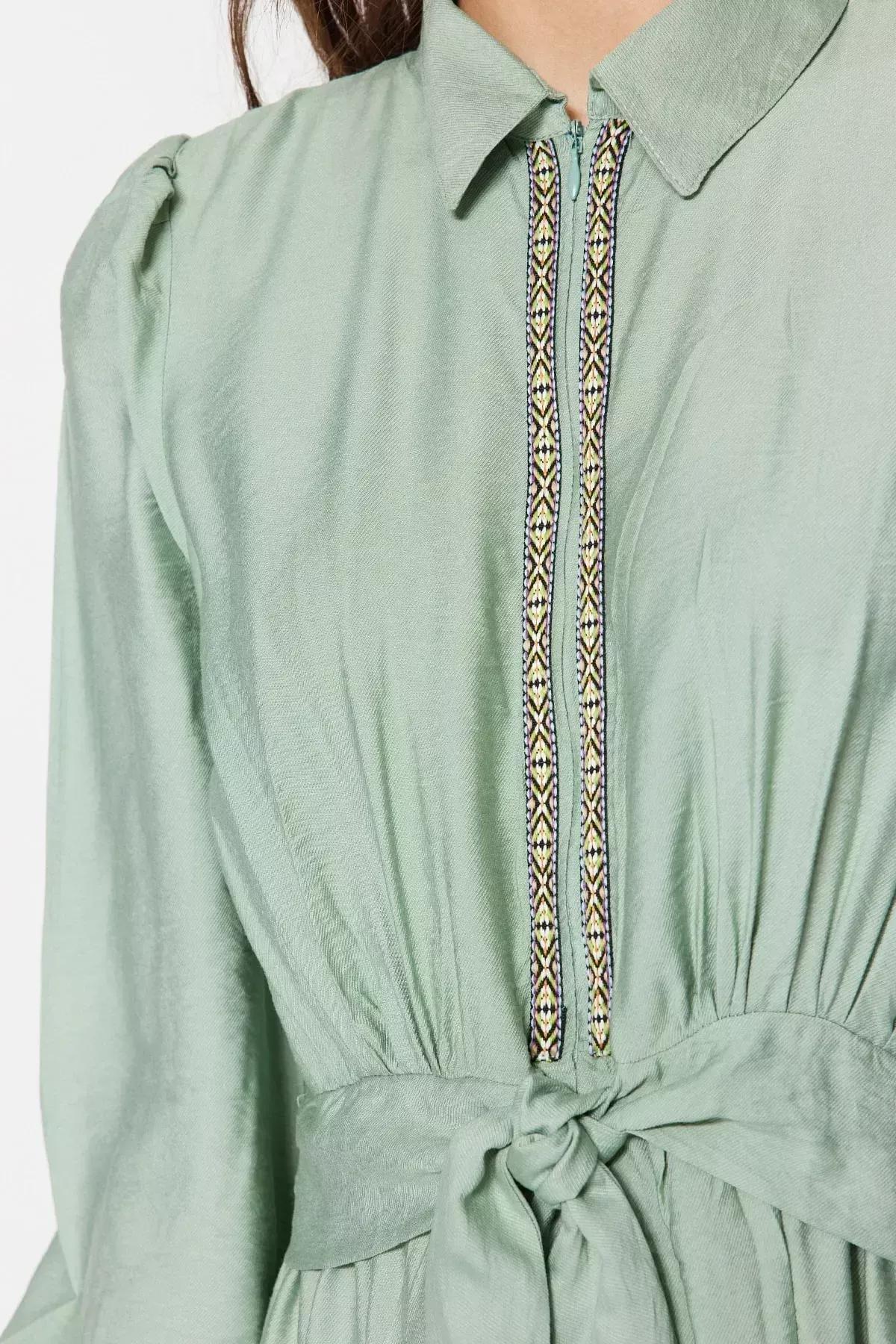 Khaki Crew Neck A-Line Dress, Khaki, large image number 3