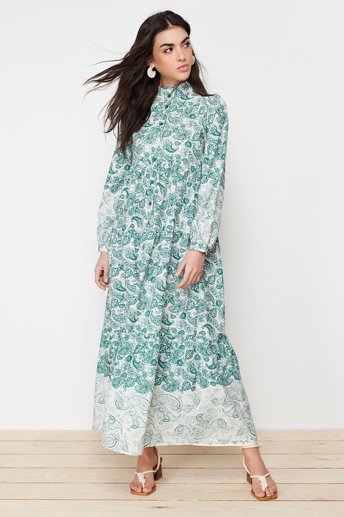 Blue Ethnic Patterned Occasion Wear Dress, , medium