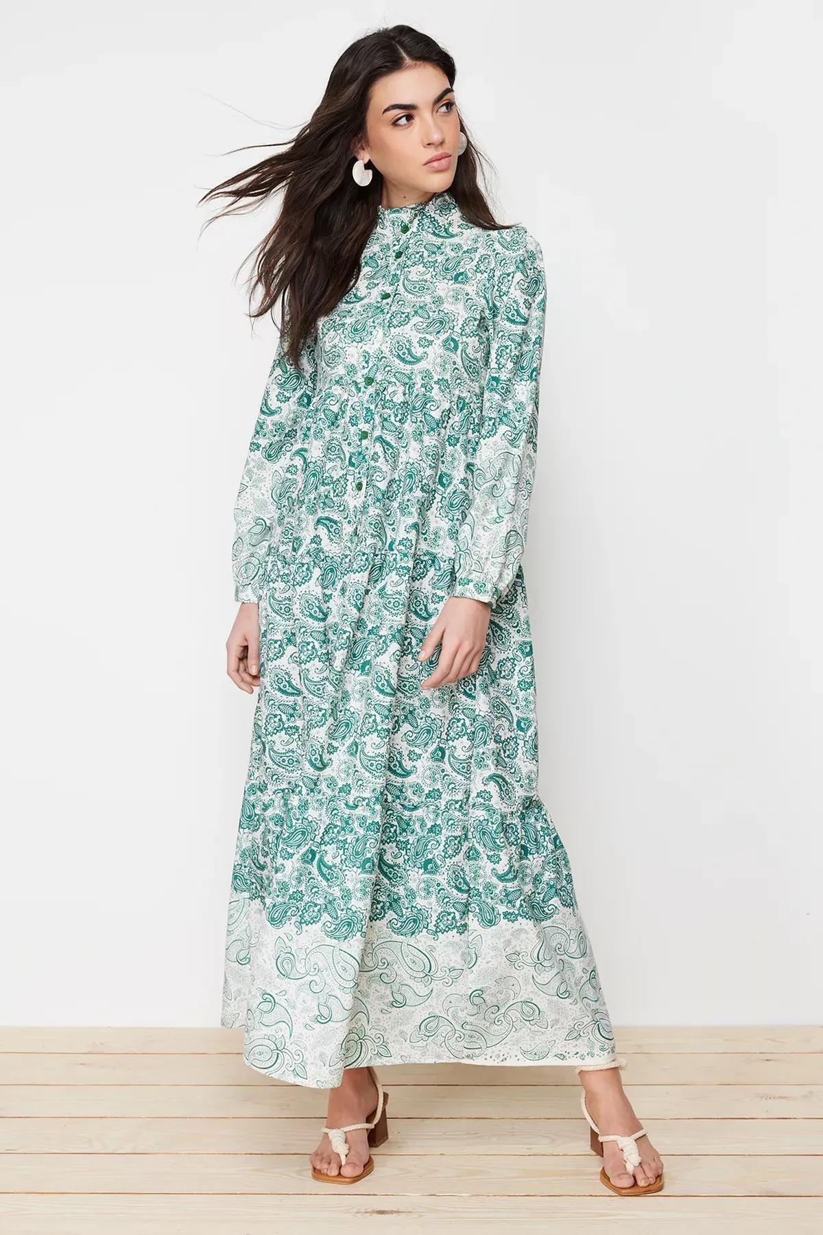 Blue Ethnic Patterned Occasion Wear Dress, , medium