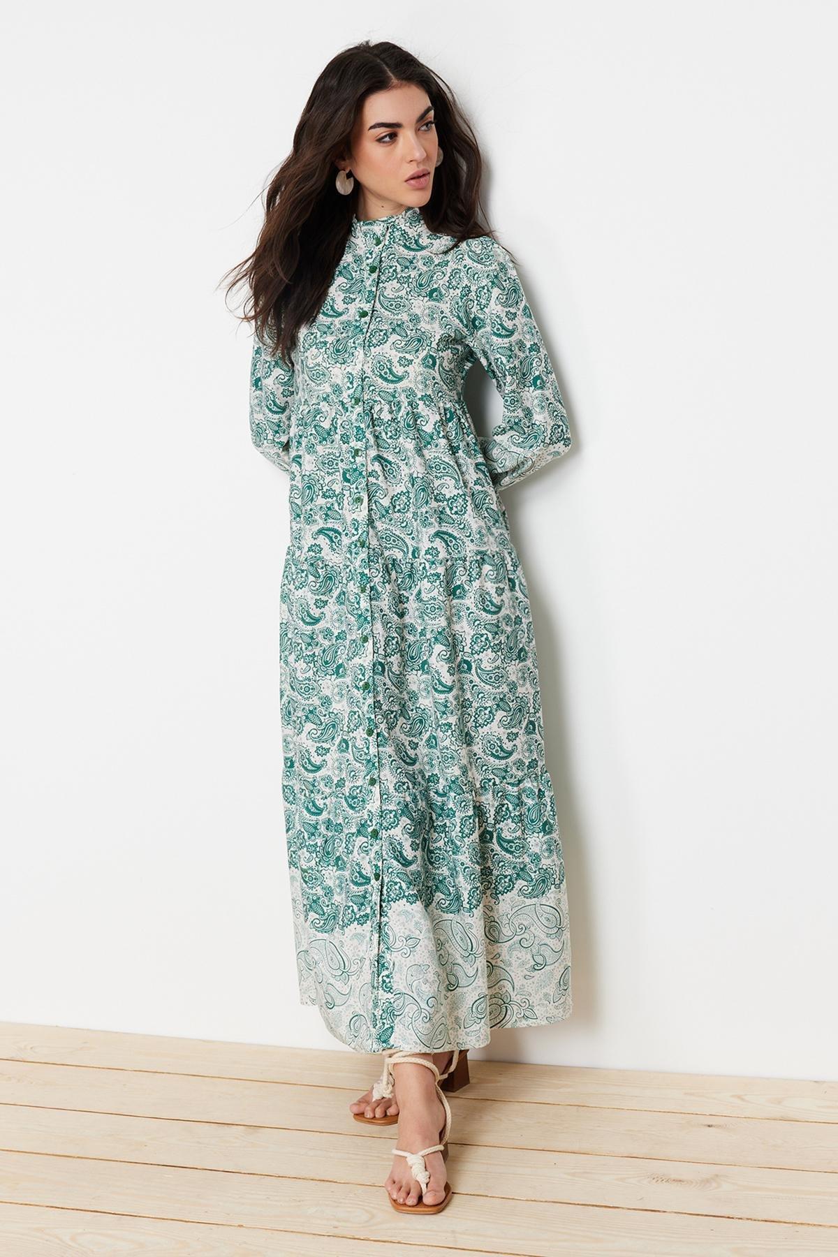 Blue Ethnic Patterned Occasion Wear Dress, , large image number 2