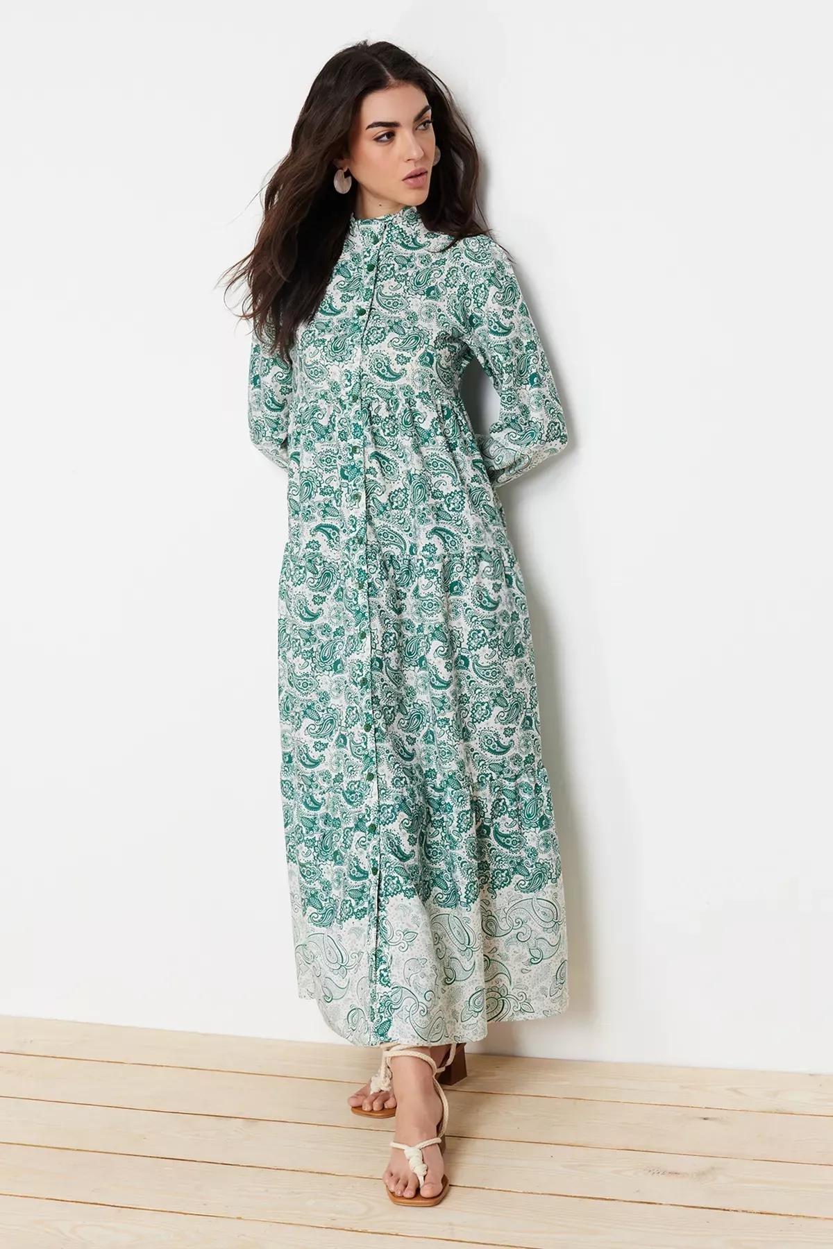 Blue Ethnic Patterned Occasion Wear Dress, Green, large image number 2