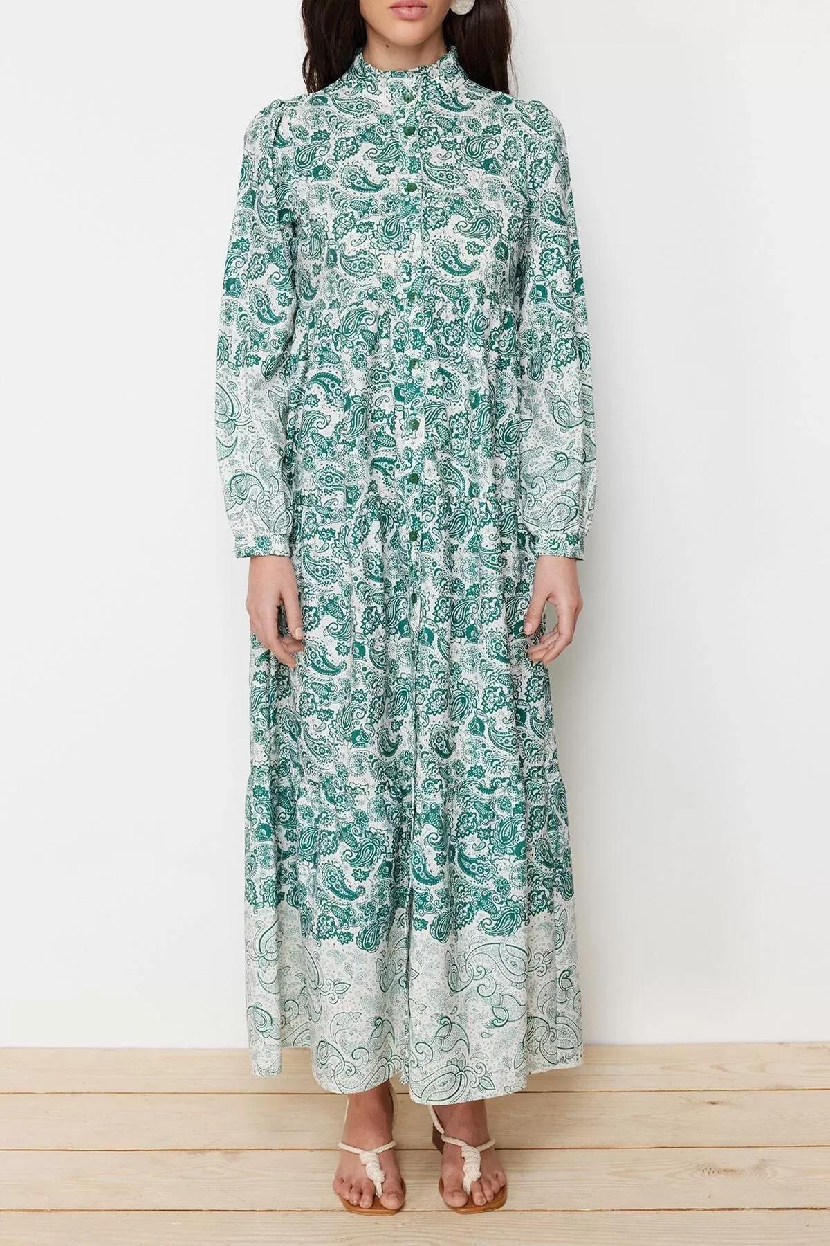Blue Ethnic Patterned Occasion Wear Dress, Green, large image number 3