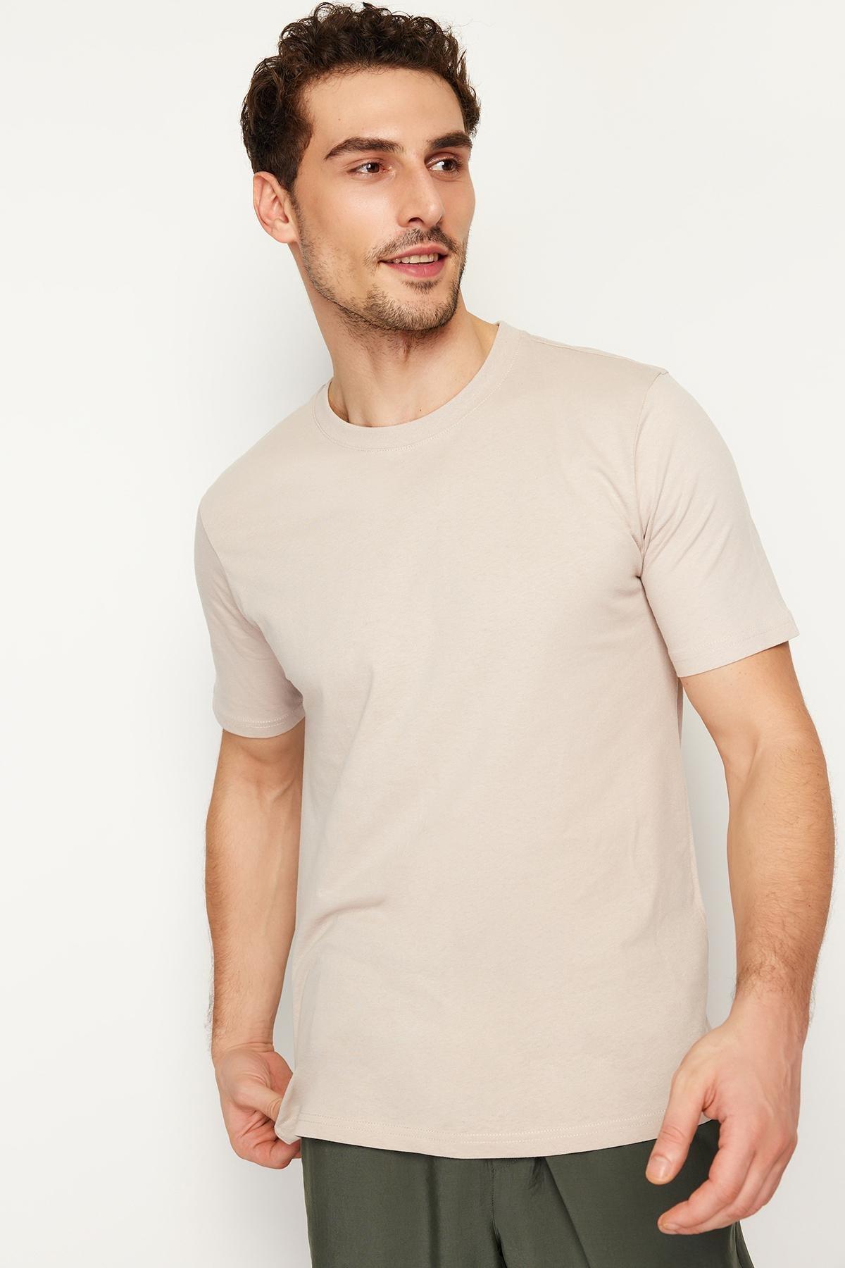 Beige Slim Fit Cotton T-Shirt, , medium