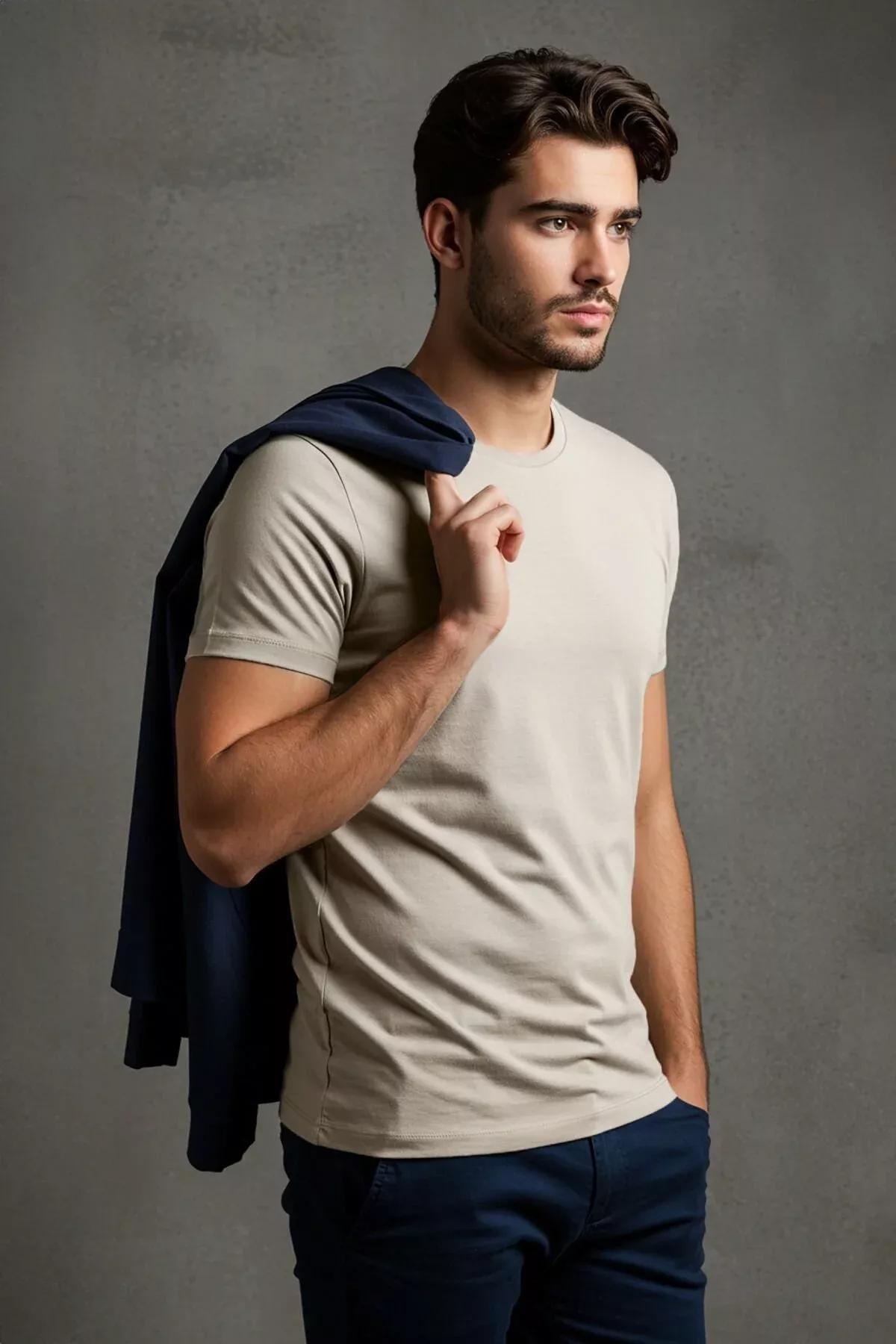 Beige Slim Fit Cotton T-Shirt, , large image number 1