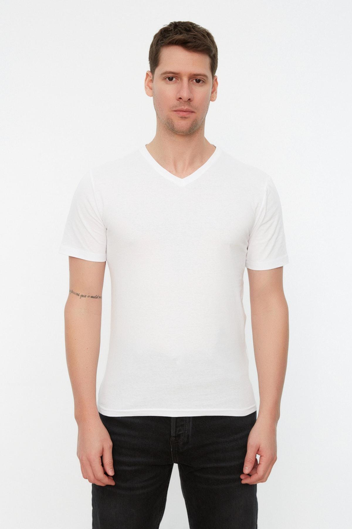 White Slim V Neck Tshirt, White, medium