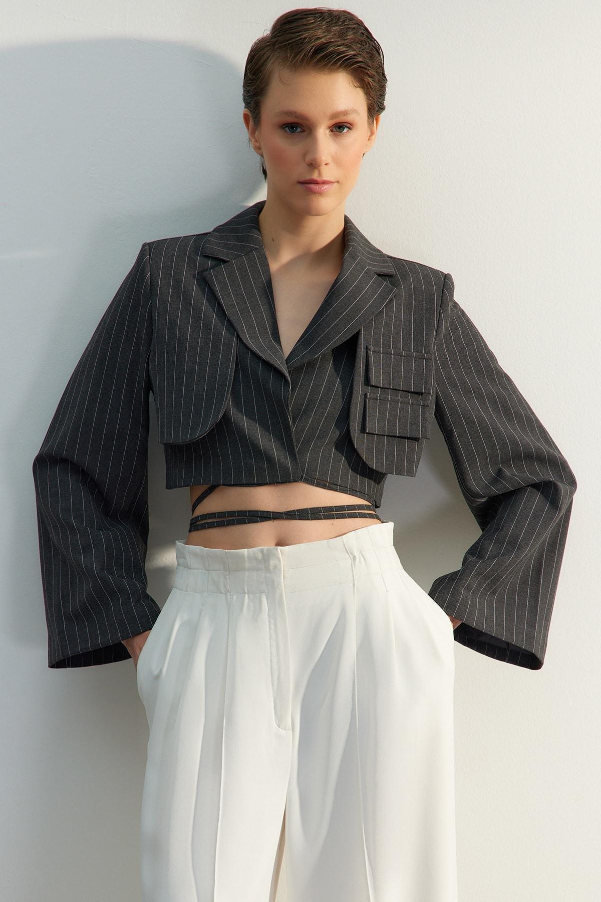 Grey Striped Oversize Blazer, , large image number 0