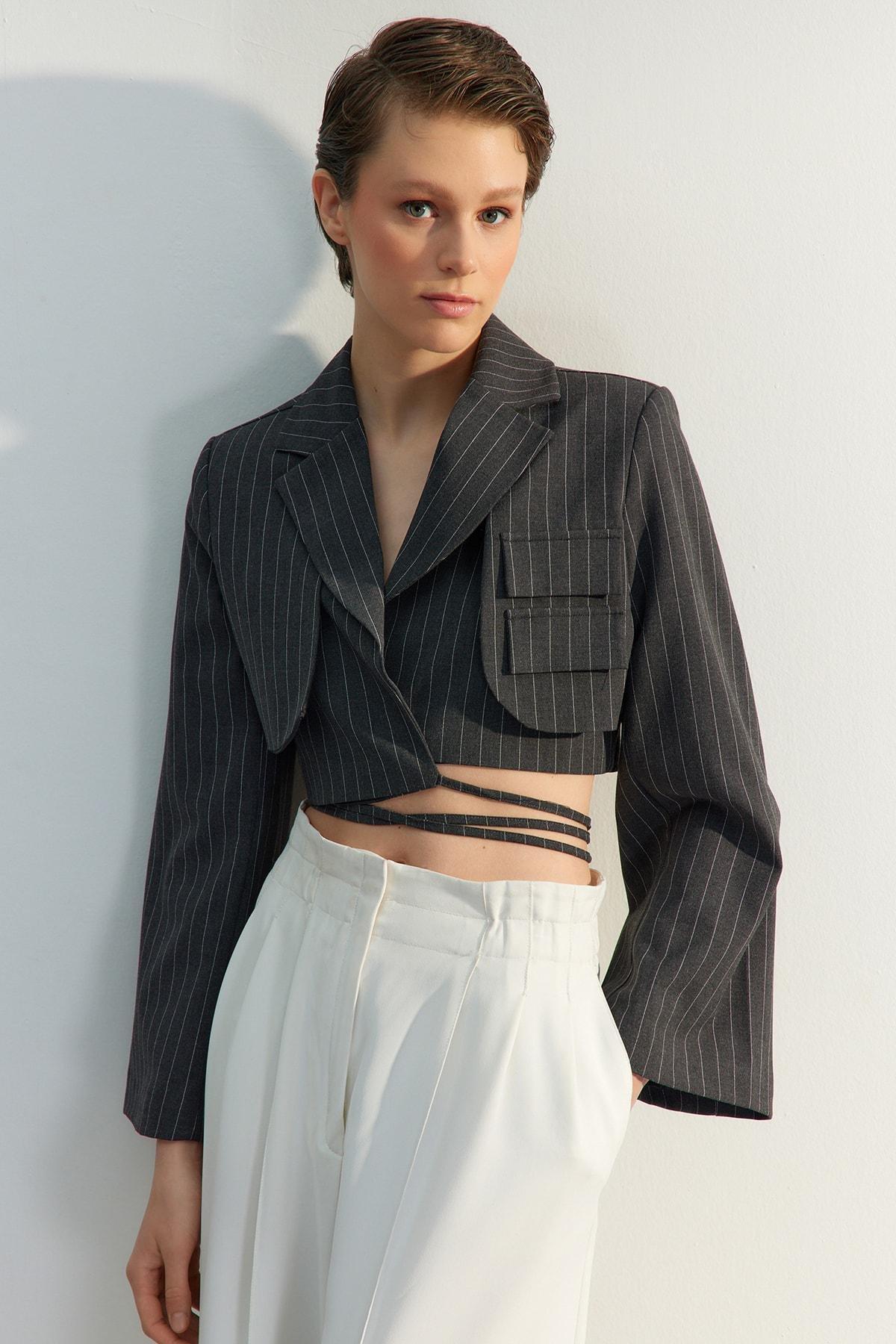 Grey Striped Oversize Blazer, , large image number 2