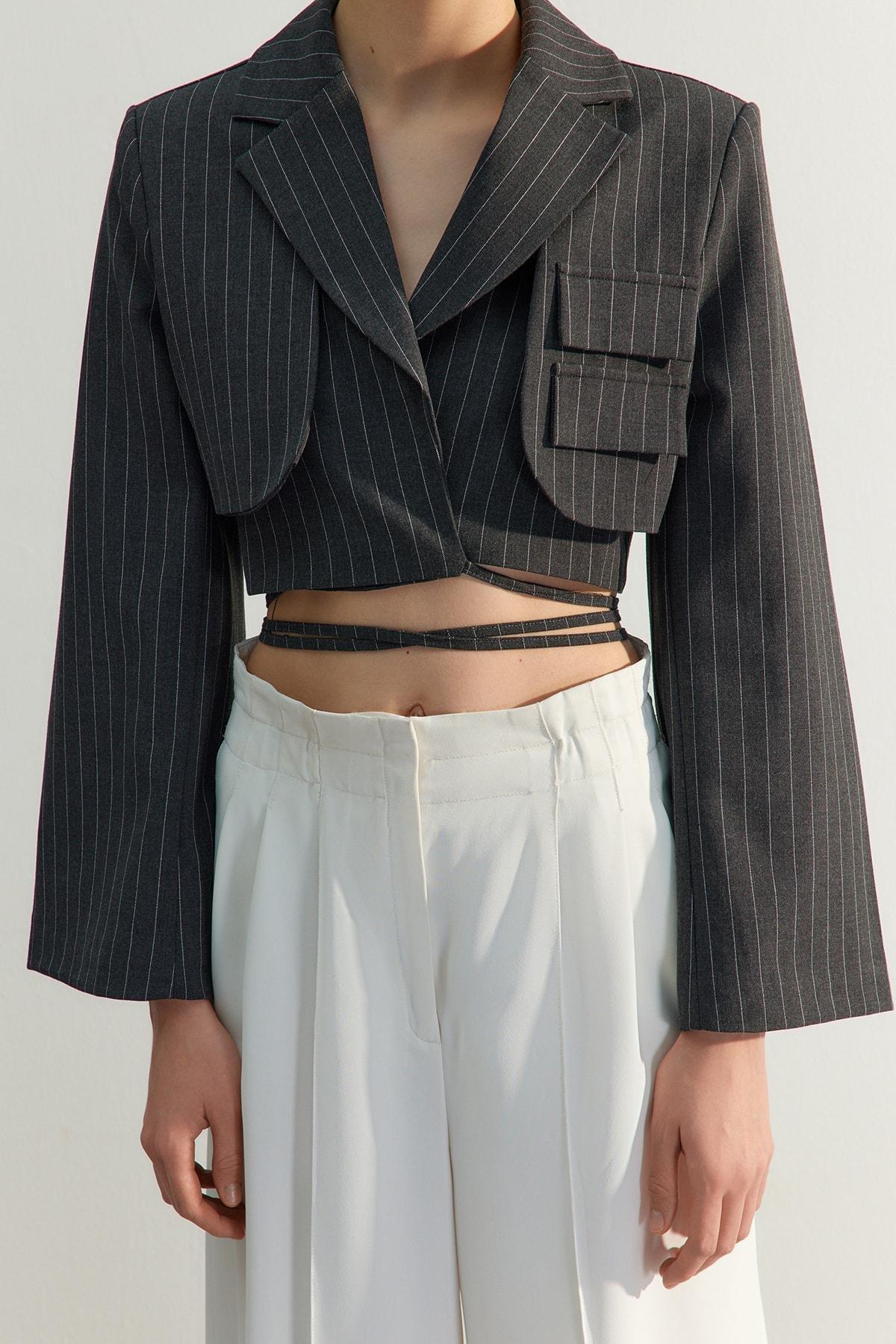 Grey Striped Oversize Blazer, , large image number 3