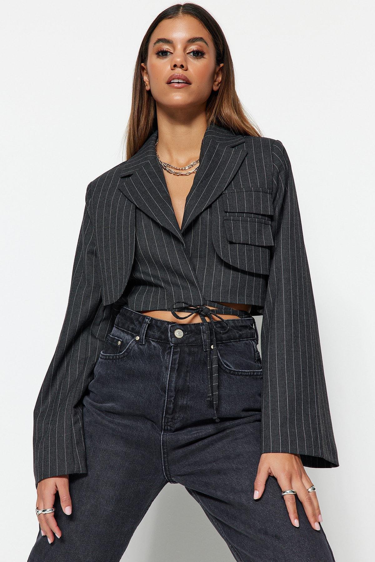 Grey Striped Oversize Blazer, , large image number 5