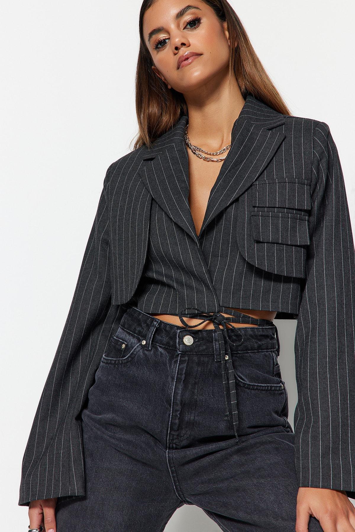Grey Striped Oversize Blazer, , large image number 6
