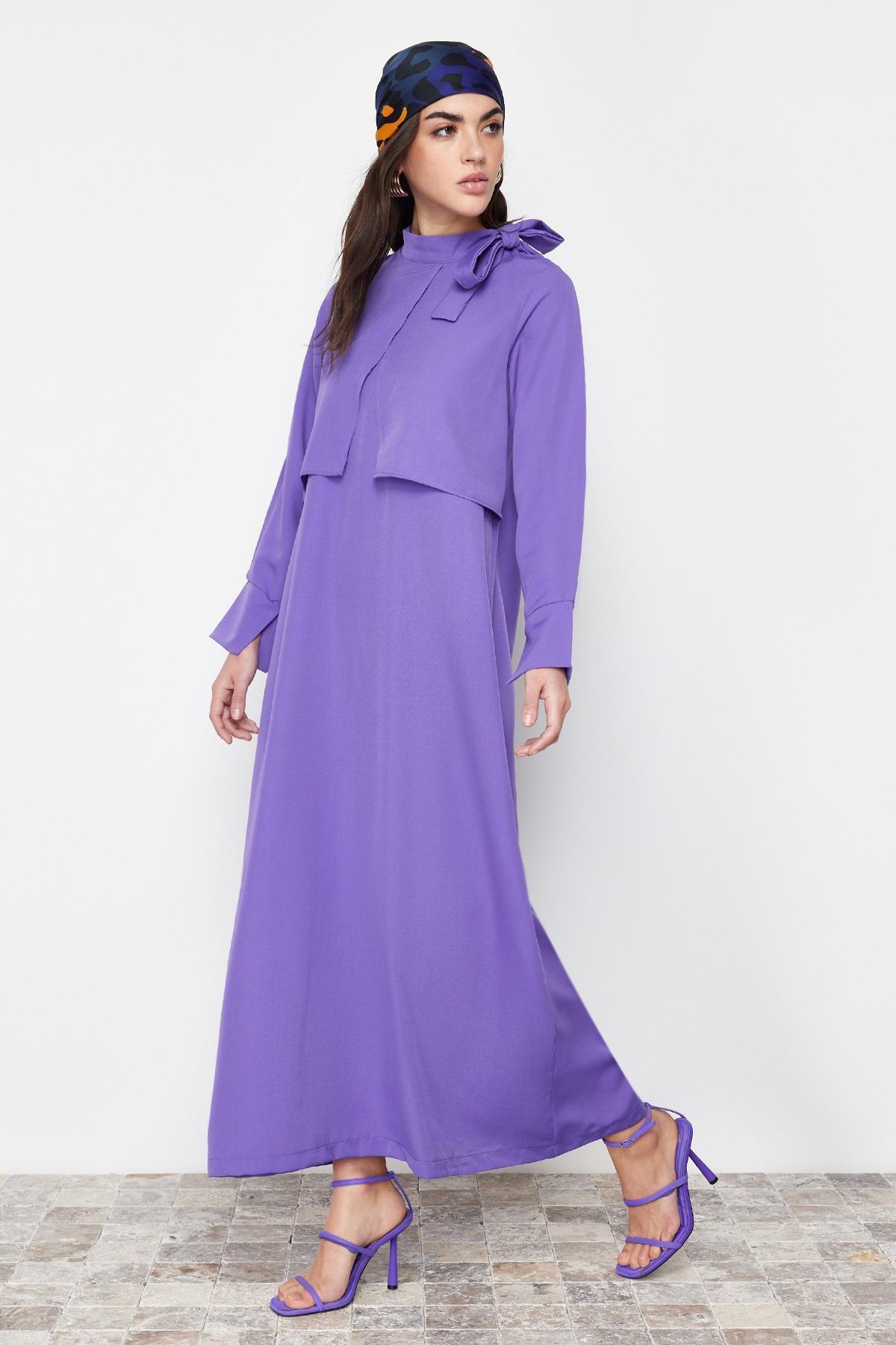 Purple Collar Tie Detailed Woven Dress, , large image number 0