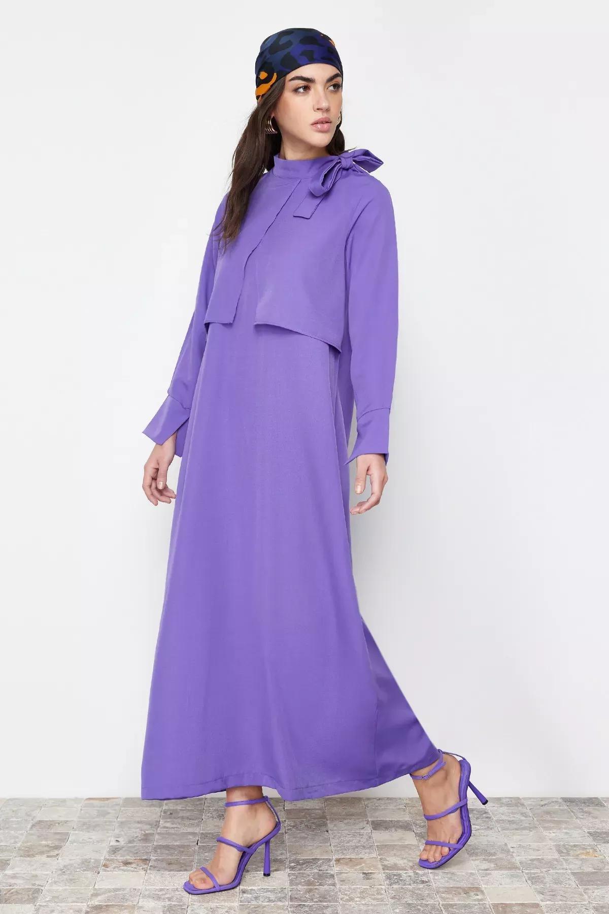 Purple Collar Tie Detailed Woven Dress, , medium