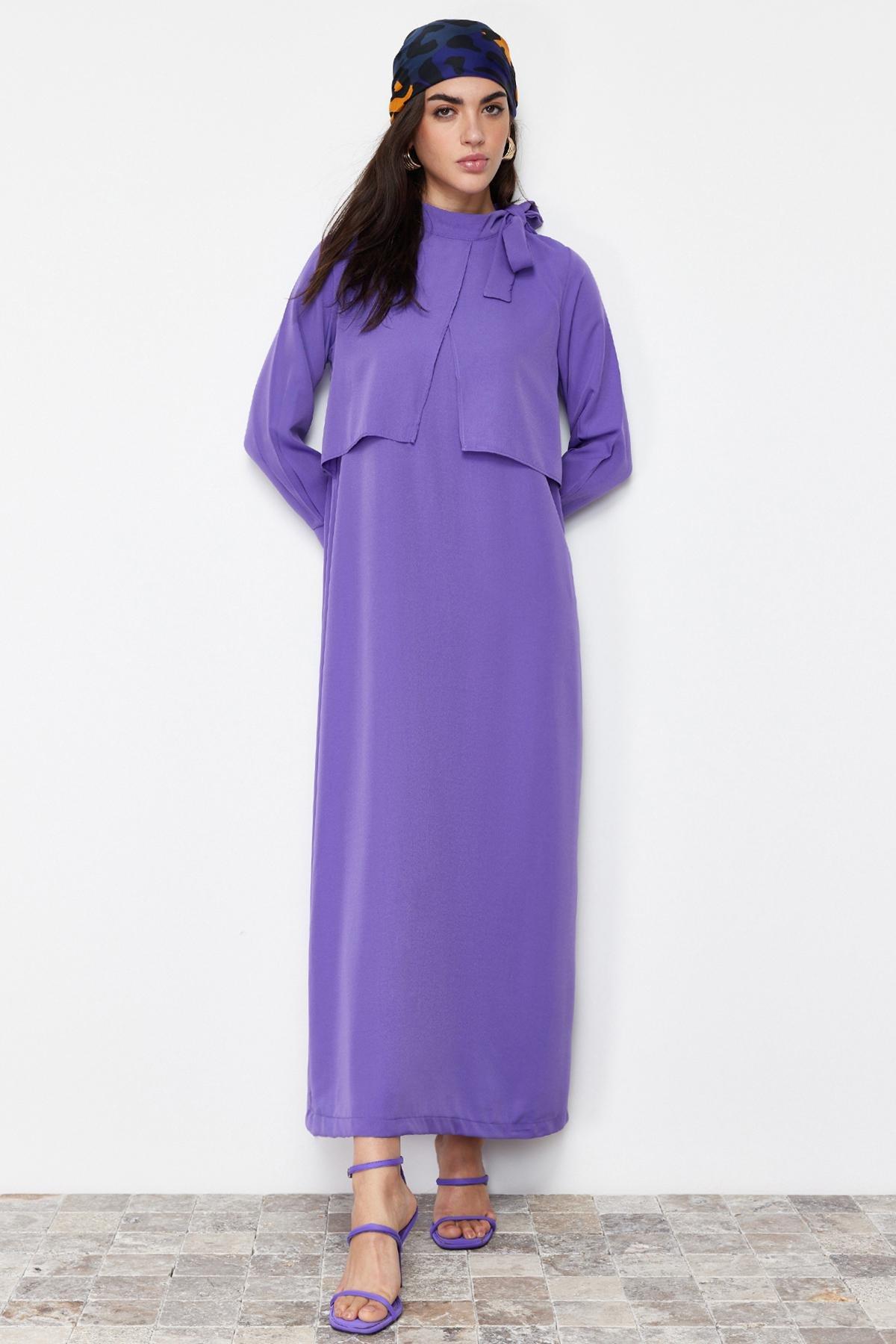 Purple Collar Tie Detailed Woven Dress, , large image number 1