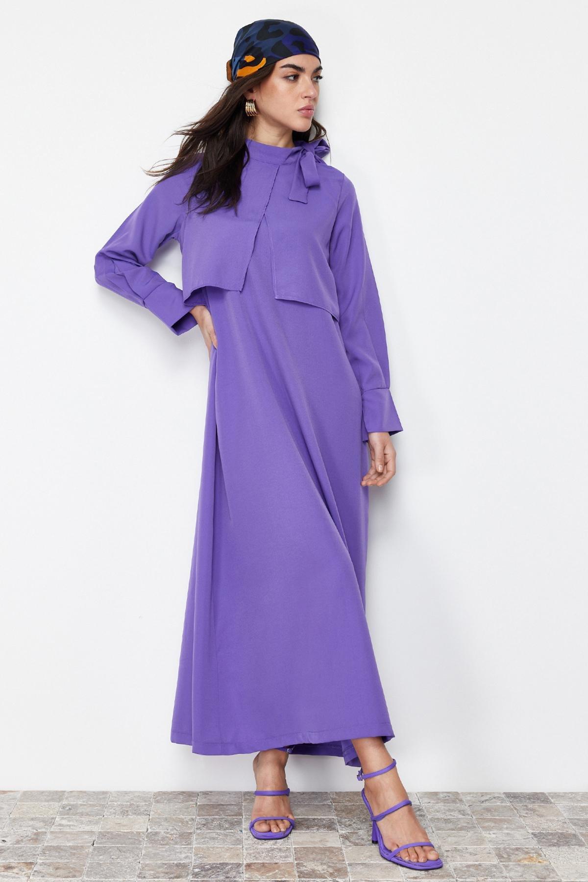 Purple Collar Tie Detailed Woven Dress, , large image number 2