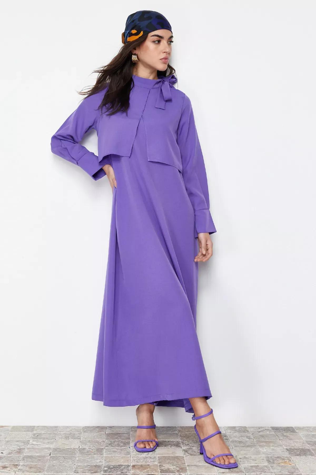 Purple Collar Tie Detailed Woven Dress, Purple, large image number 2