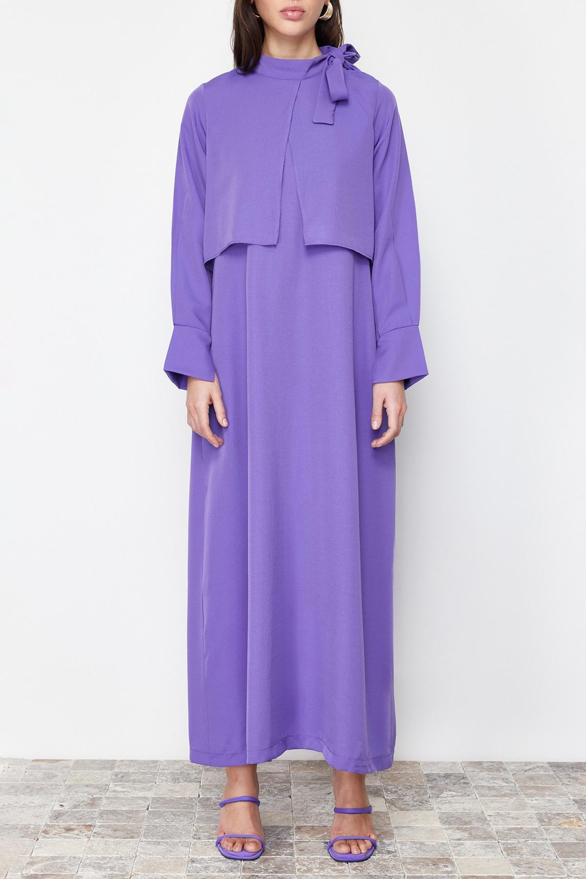 Purple Collar Tie Detailed Woven Dress, , large image number 3