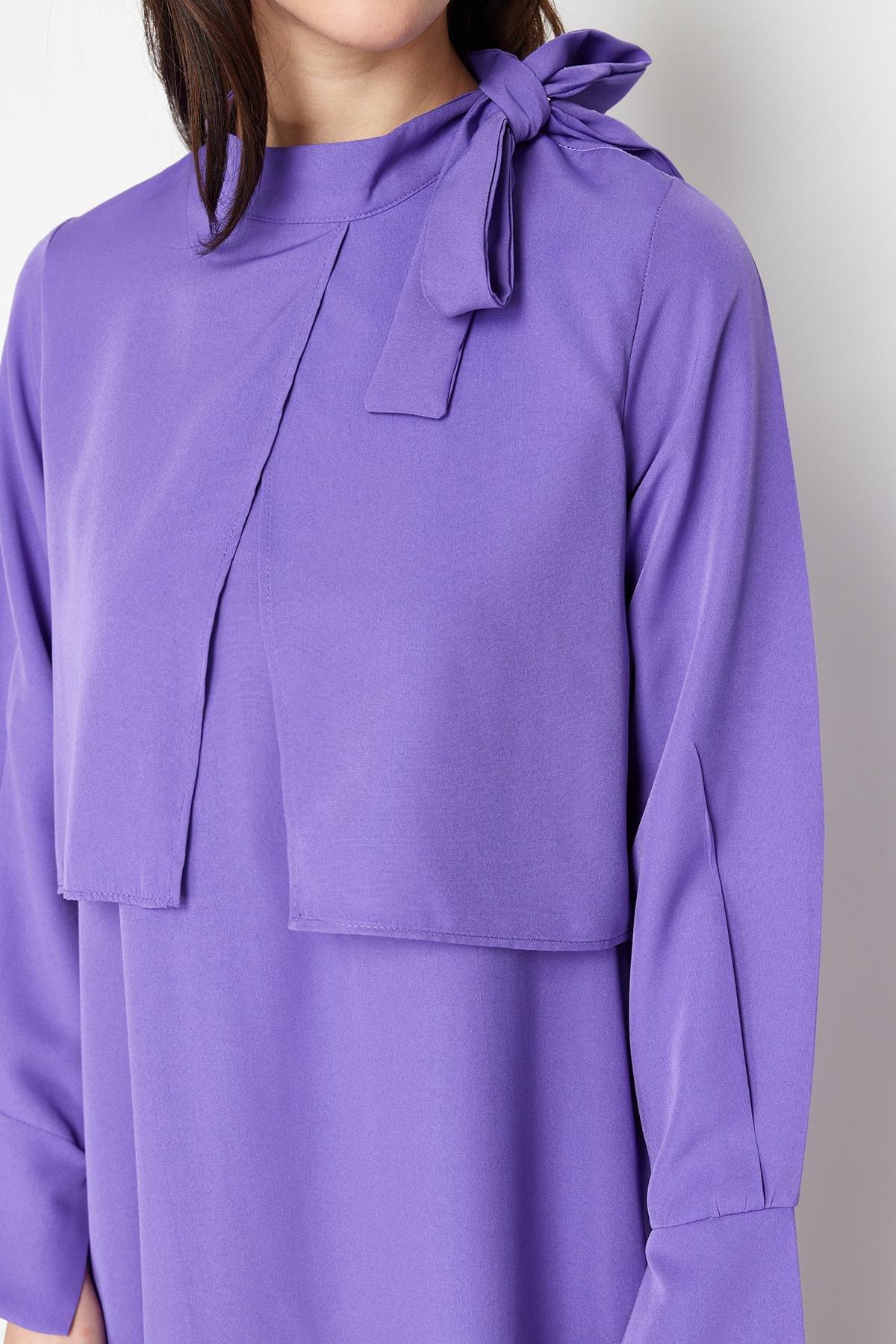 Purple Collar Tie Detailed Woven Dress, , large image number 4
